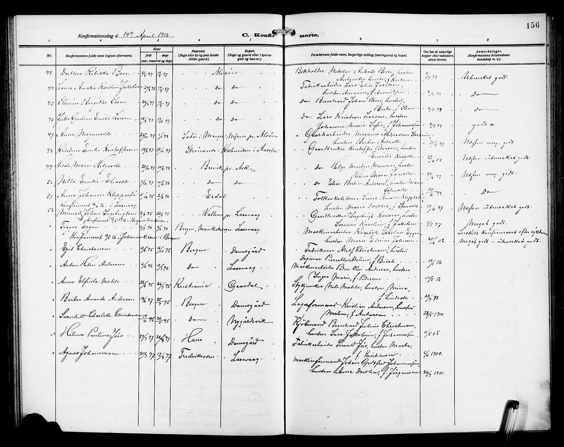 Laksevåg Sokneprestembete, SAB/A-76501/H/Ha/Hab/Haba/L0005: Parish register (copy) no. A 5, 1910-1917, p. 156