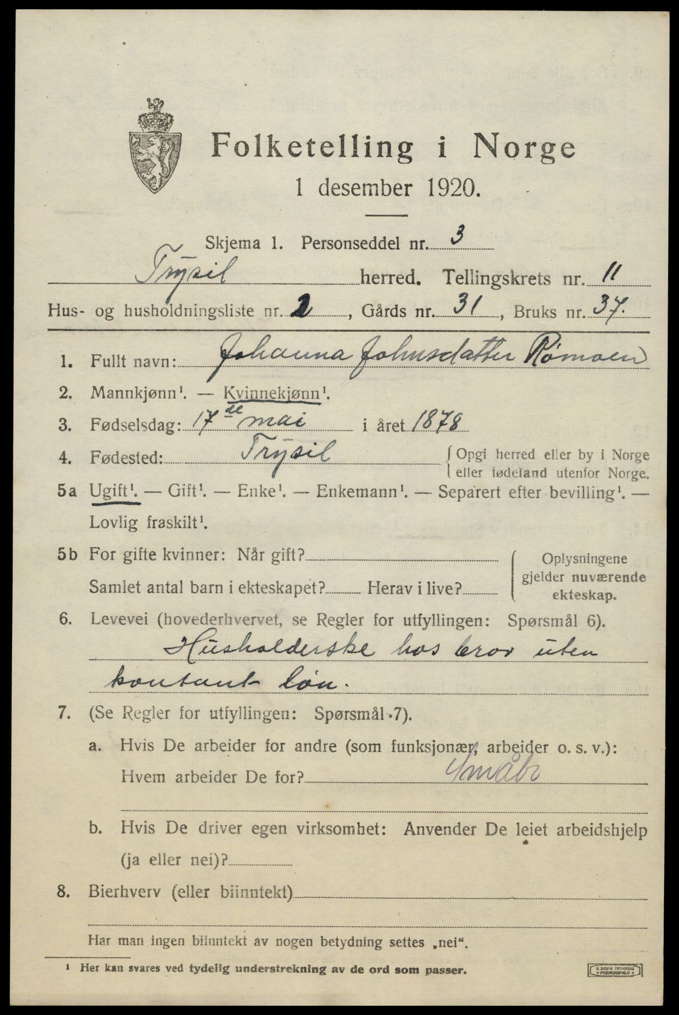 SAH, 1920 census for Trysil, 1920, p. 6983