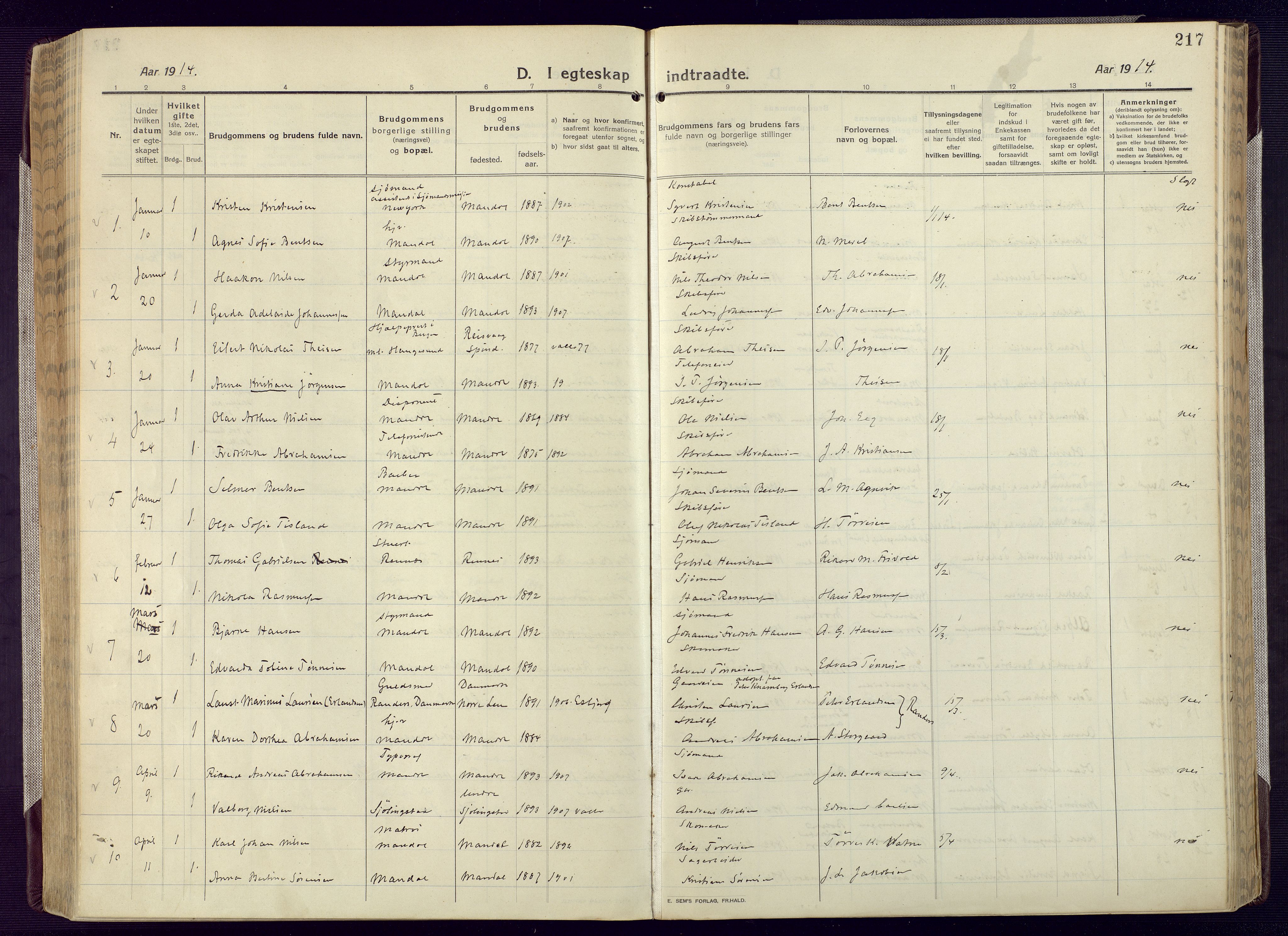 Mandal sokneprestkontor, SAK/1111-0030/F/Fa/Fac/L0001: Parish register (official) no. A 1, 1913-1925, p. 217