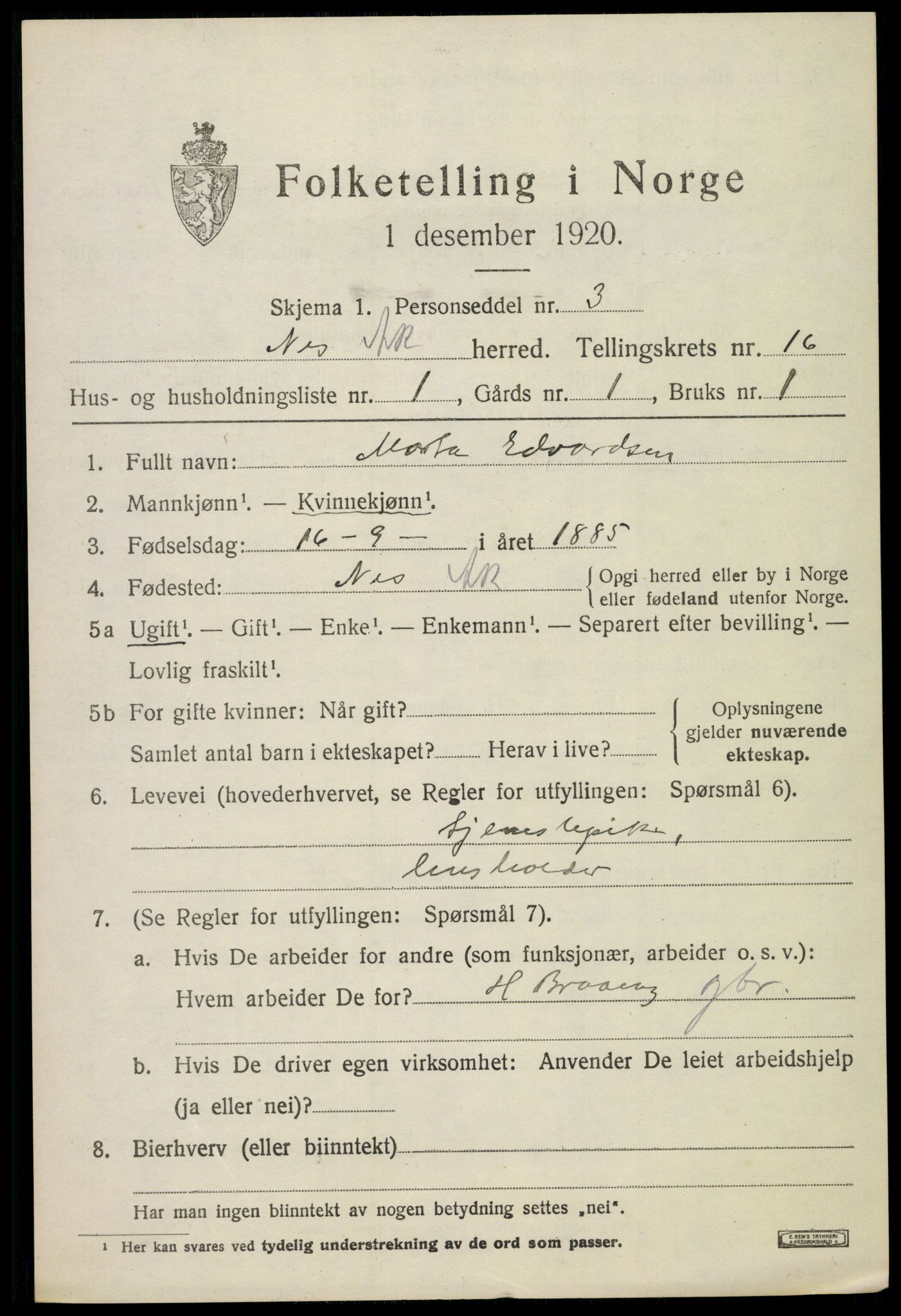 SAO, 1920 census for Nes, 1920, p. 15686