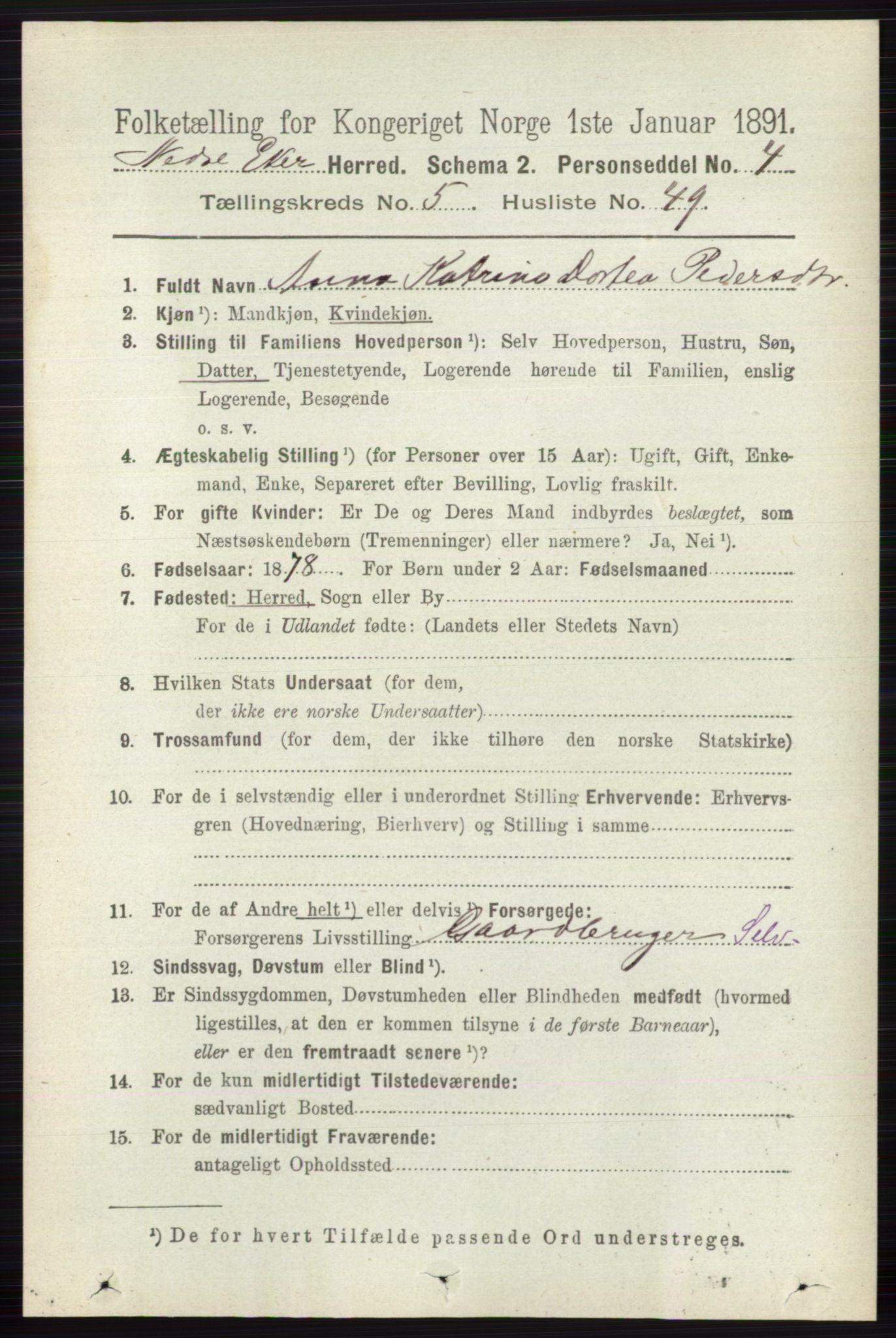 RA, 1891 census for 0625 Nedre Eiker, 1891, p. 2628