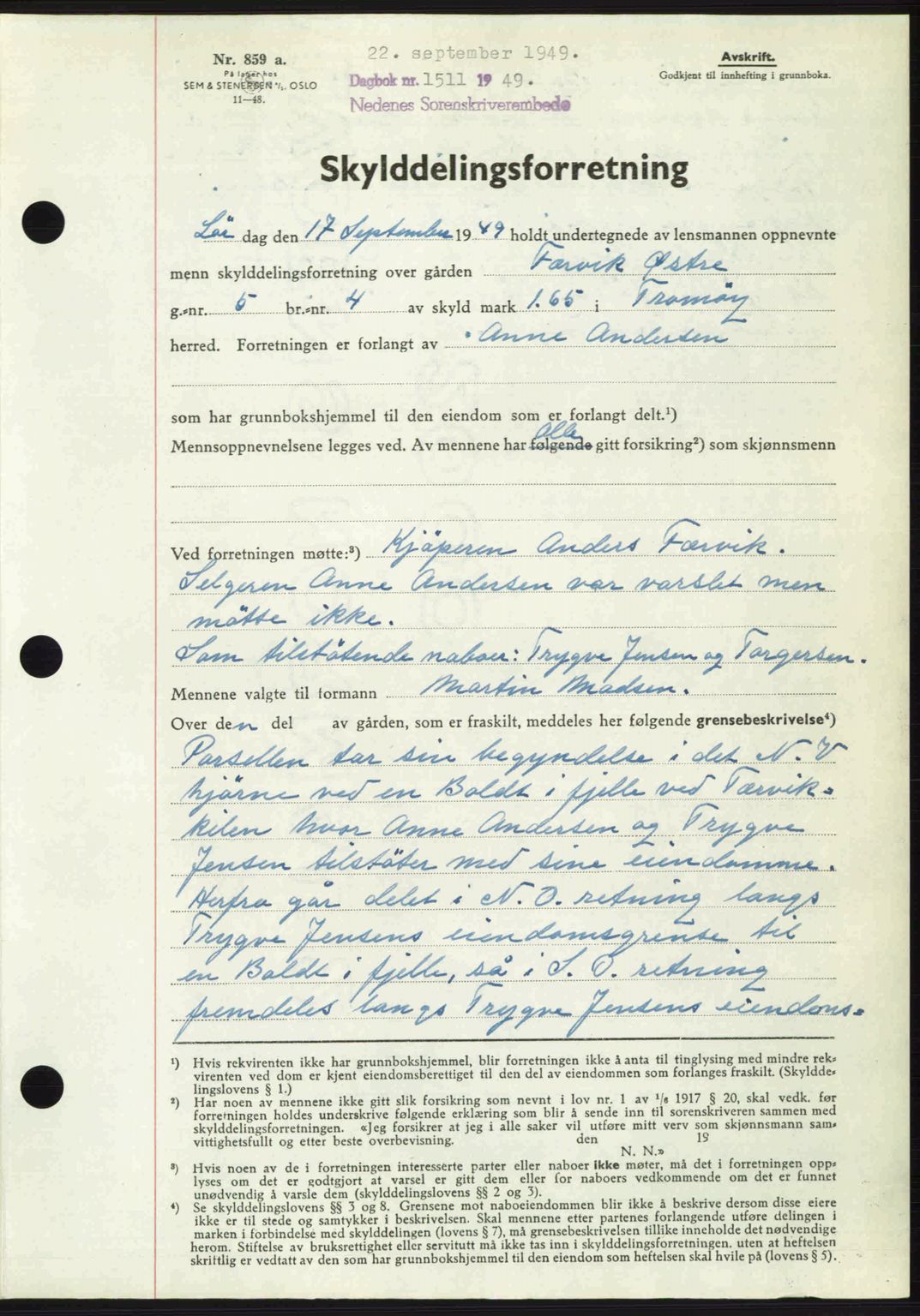 Nedenes sorenskriveri, SAK/1221-0006/G/Gb/Gba/L0061: Mortgage book no. A13, 1949-1949, Diary no: : 1511/1949