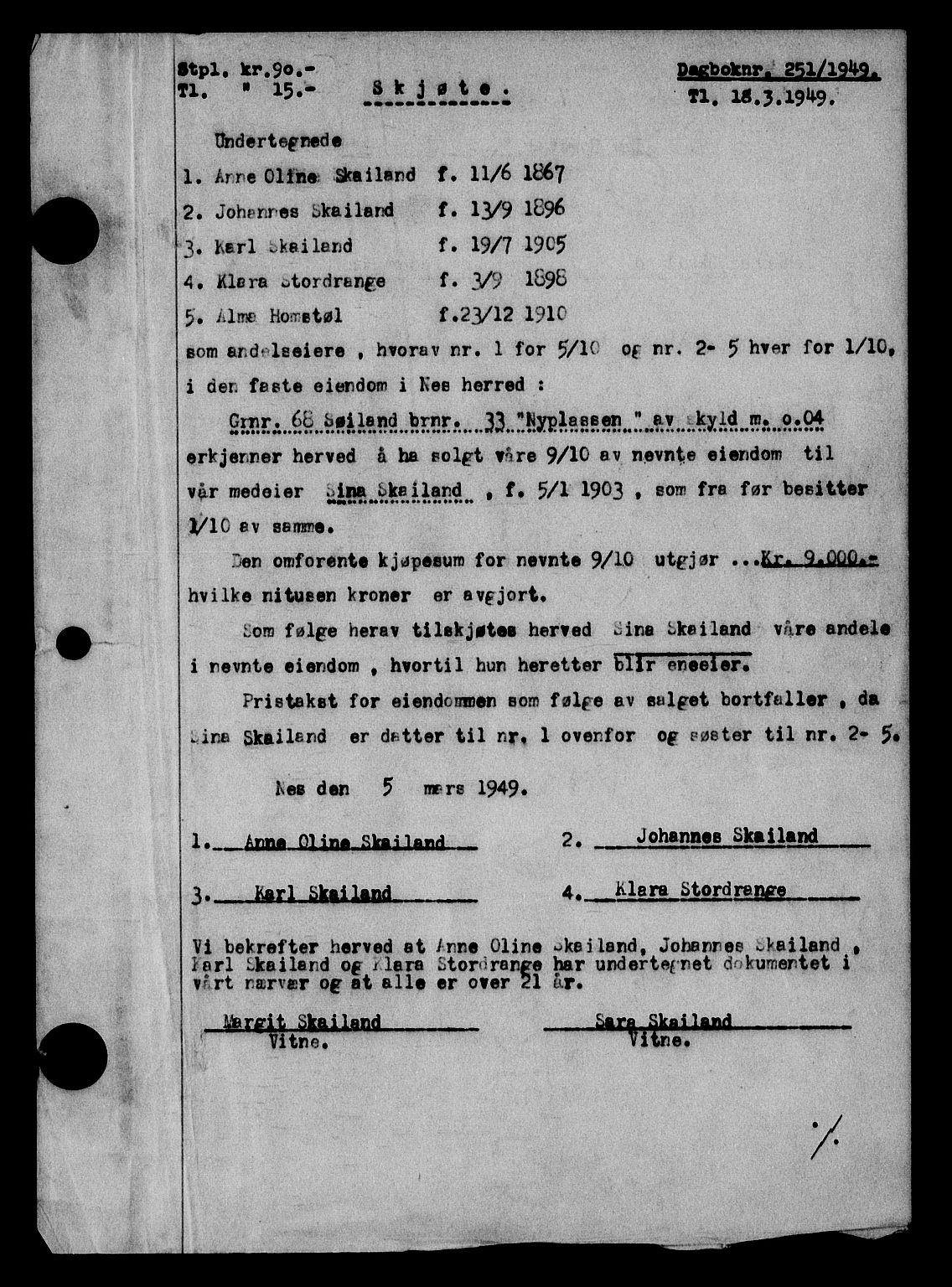 Flekkefjord sorenskriveri, SAK/1221-0001/G/Gb/Gba/L0065: Mortgage book no. A-13, 1949-1949, Diary no: : 251/1949