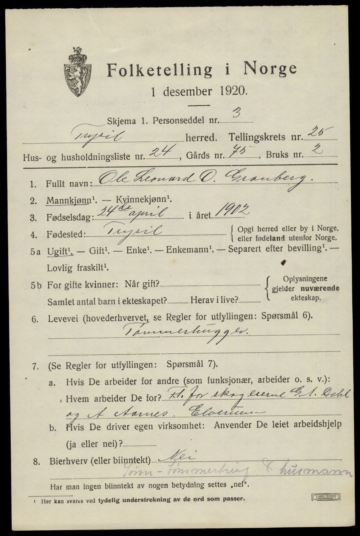 SAH, 1920 census for Trysil, 1920, p. 15973