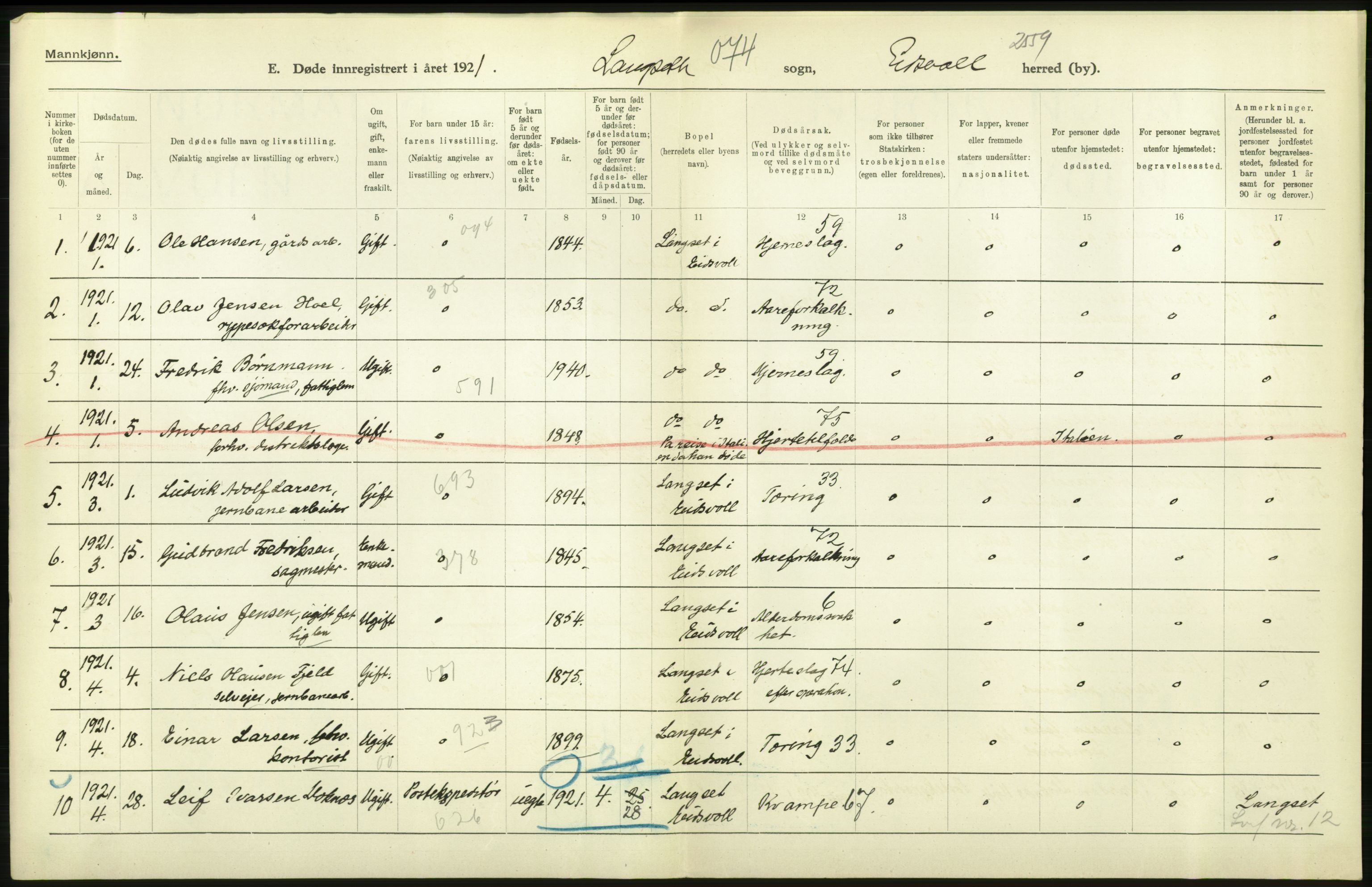 Statistisk sentralbyrå, Sosiodemografiske emner, Befolkning, AV/RA-S-2228/D/Df/Dfc/Dfca/L0007: Akershus fylke: Døde. Bygder og byer., 1921, p. 488