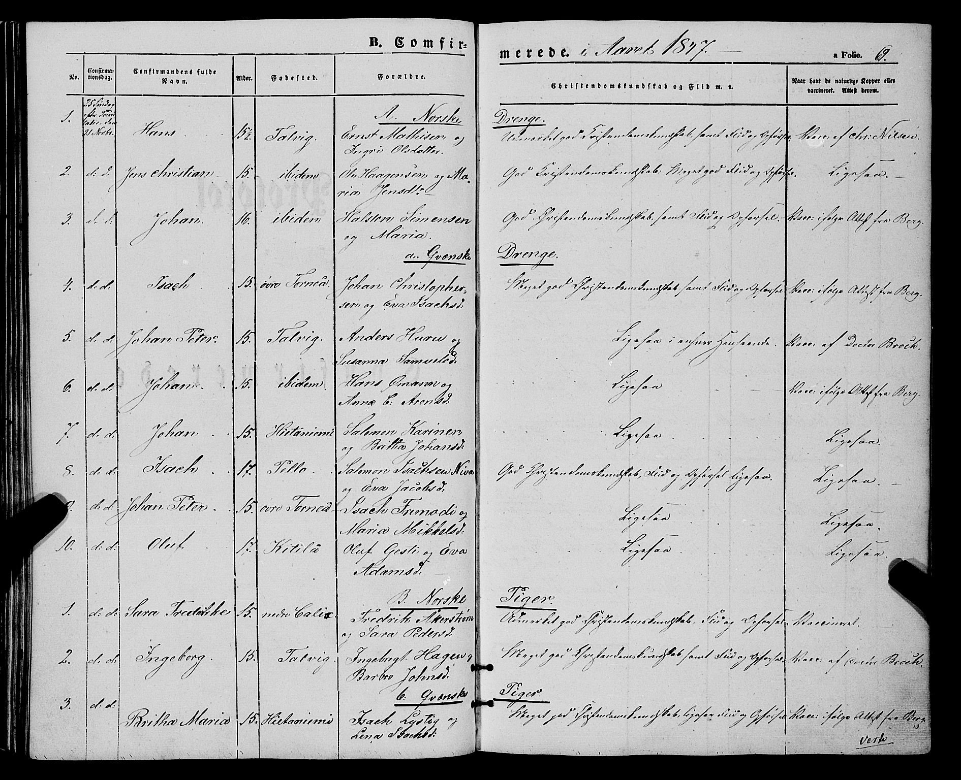 Talvik sokneprestkontor, AV/SATØ-S-1337/H/Ha/L0016kirke: Parish register (official) no. 16, 1847-1857, p. 69