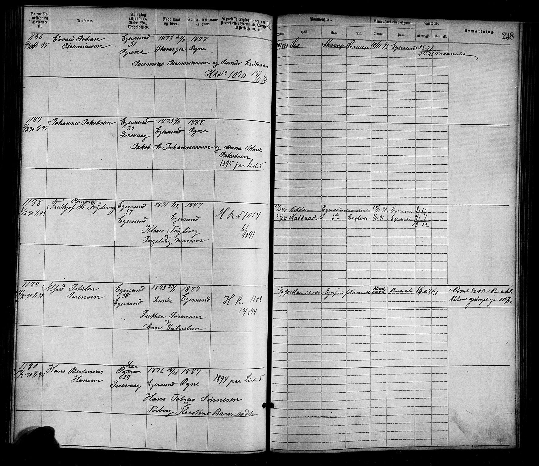 Egersund mønstringskrets, SAK/2031-0019/F/Fa/L0001: Annotasjonsrulle nr 1-1440 med register, O-1, 1869-1895, p. 263