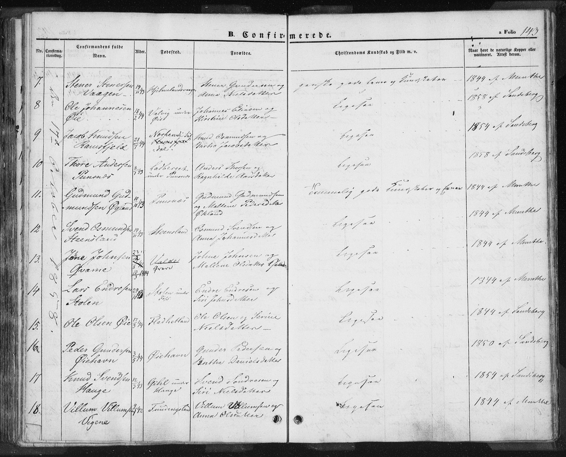 Hjelmeland sokneprestkontor, AV/SAST-A-101843/01/IV/L0009: Parish register (official) no. A 9, 1846-1860, p. 143