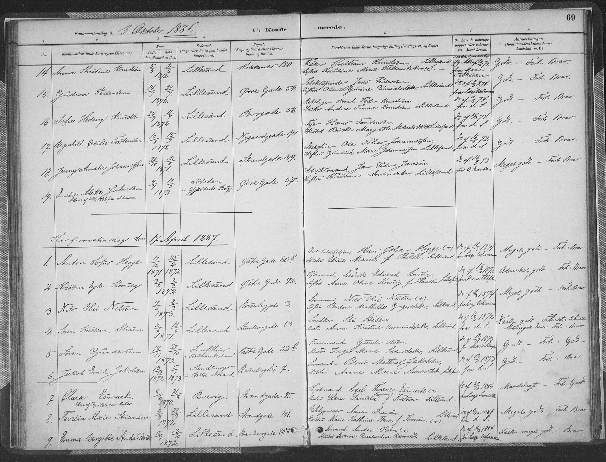 Vestre Moland sokneprestkontor, AV/SAK-1111-0046/F/Fa/Faa/L0001: Parish register (official) no. A 1, 1884-1899, p. 69