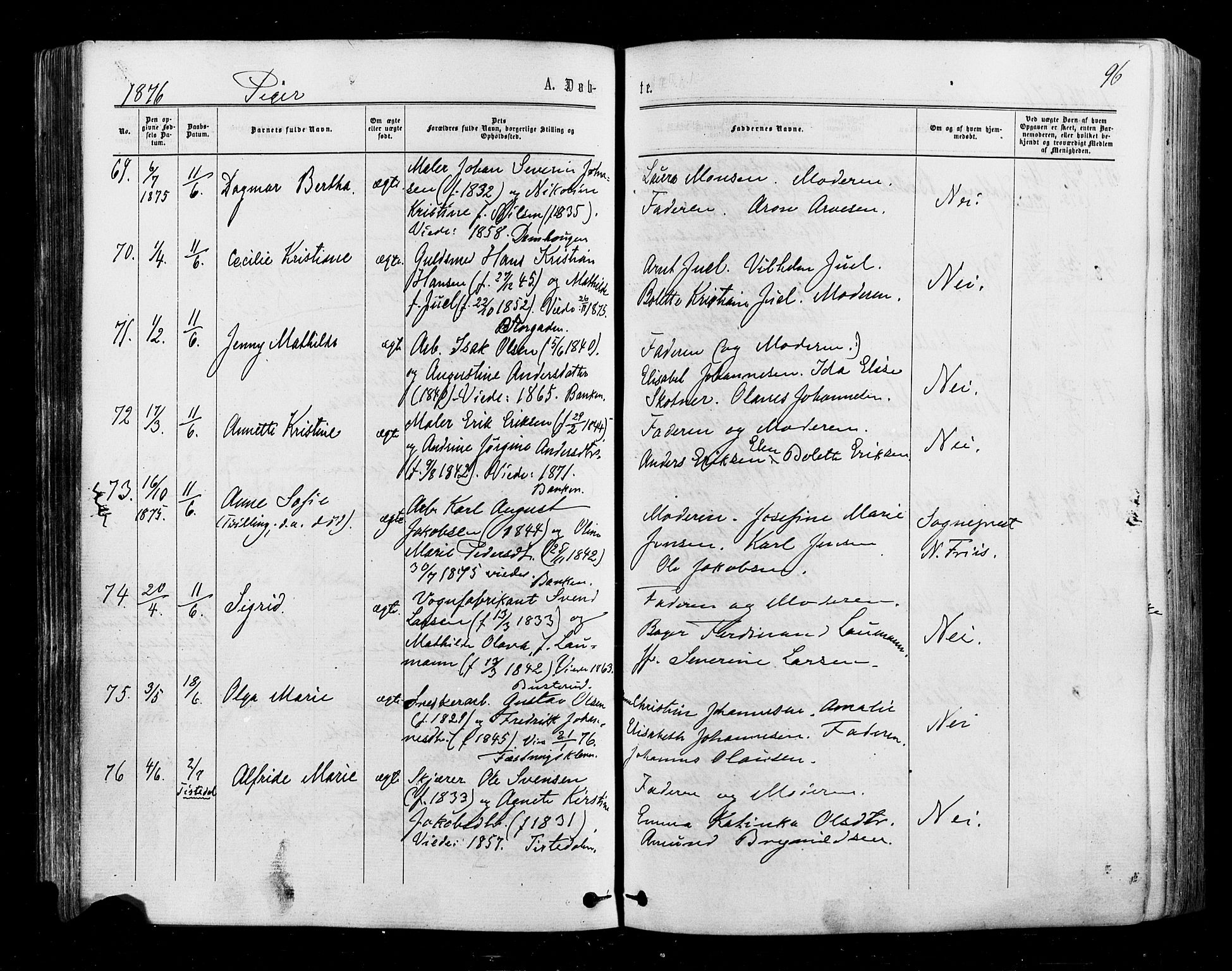 Halden prestekontor Kirkebøker, AV/SAO-A-10909/F/Fa/L0009: Parish register (official) no. I 9, 1866-1877, p. 96