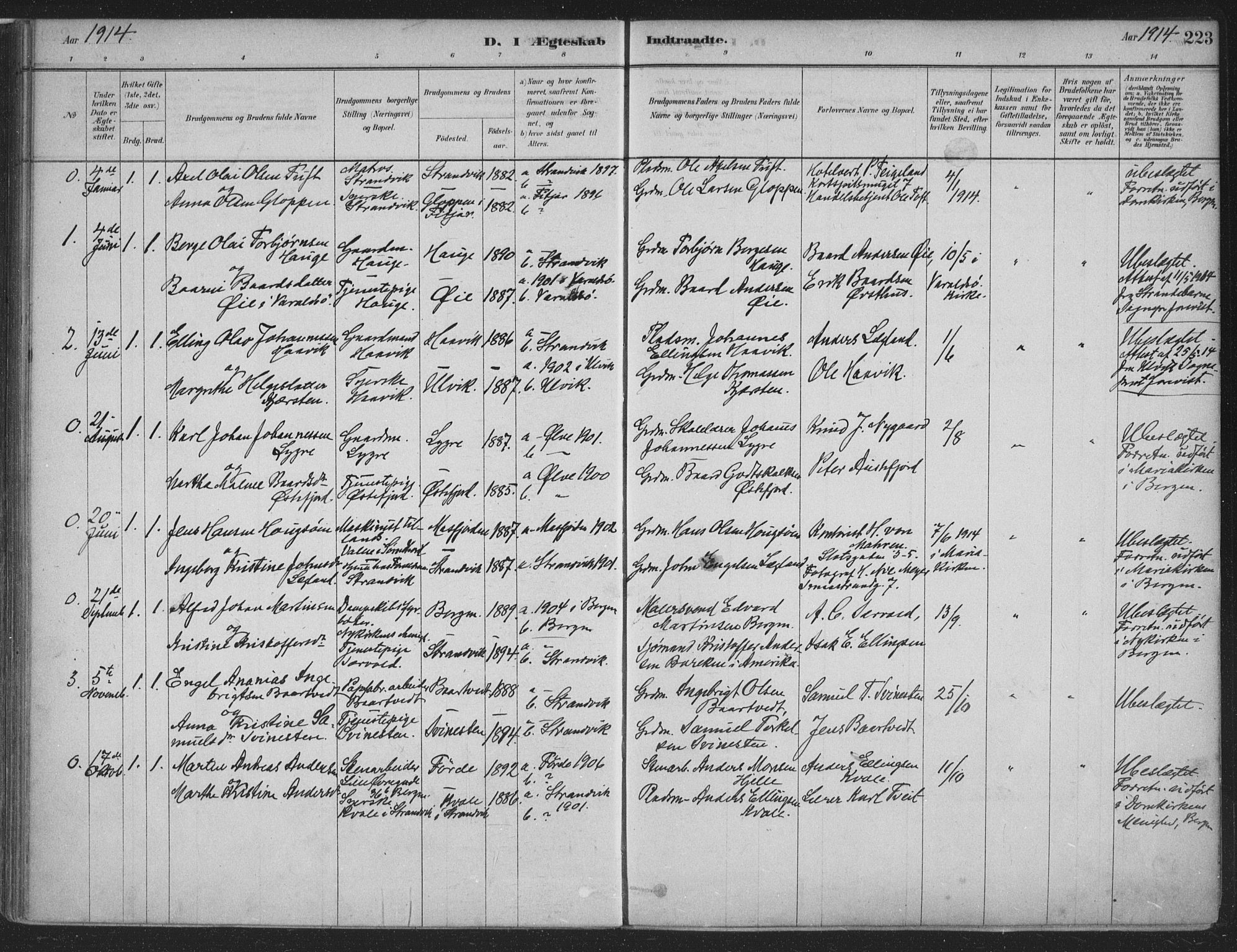 Fusa sokneprestembete, AV/SAB-A-75401/H/Haa: Parish register (official) no. D 1, 1880-1938, p. 223