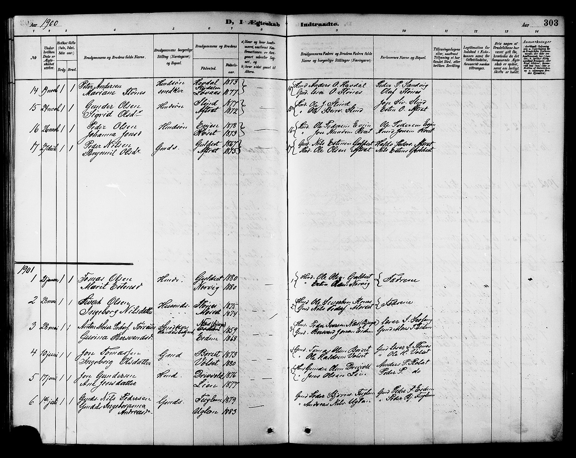 Ministerialprotokoller, klokkerbøker og fødselsregistre - Sør-Trøndelag, SAT/A-1456/695/L1157: Parish register (copy) no. 695C08, 1889-1913, p. 303