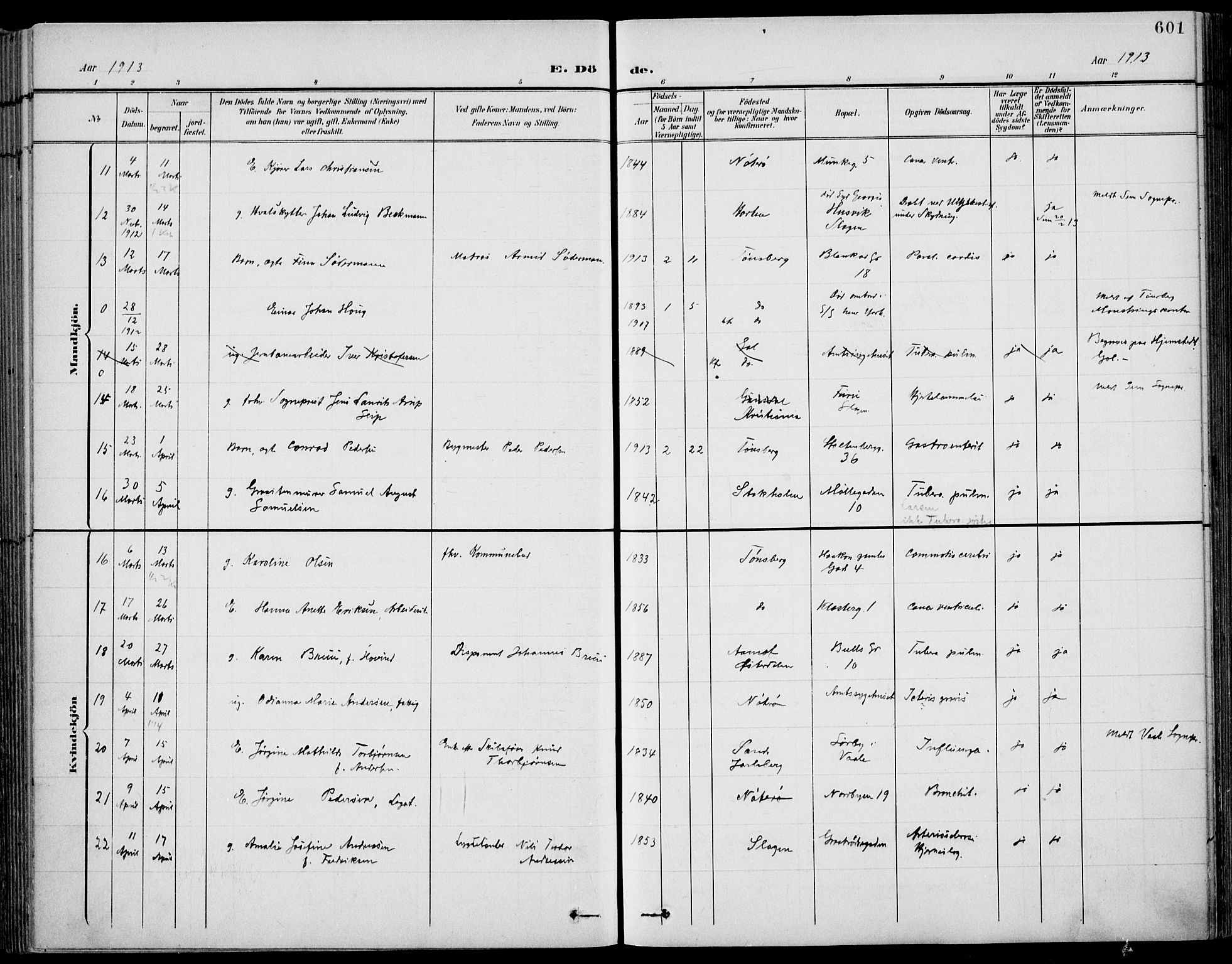 Tønsberg kirkebøker, AV/SAKO-A-330/F/Fa/L0013: Parish register (official) no. I 13, 1900-1913, p. 601