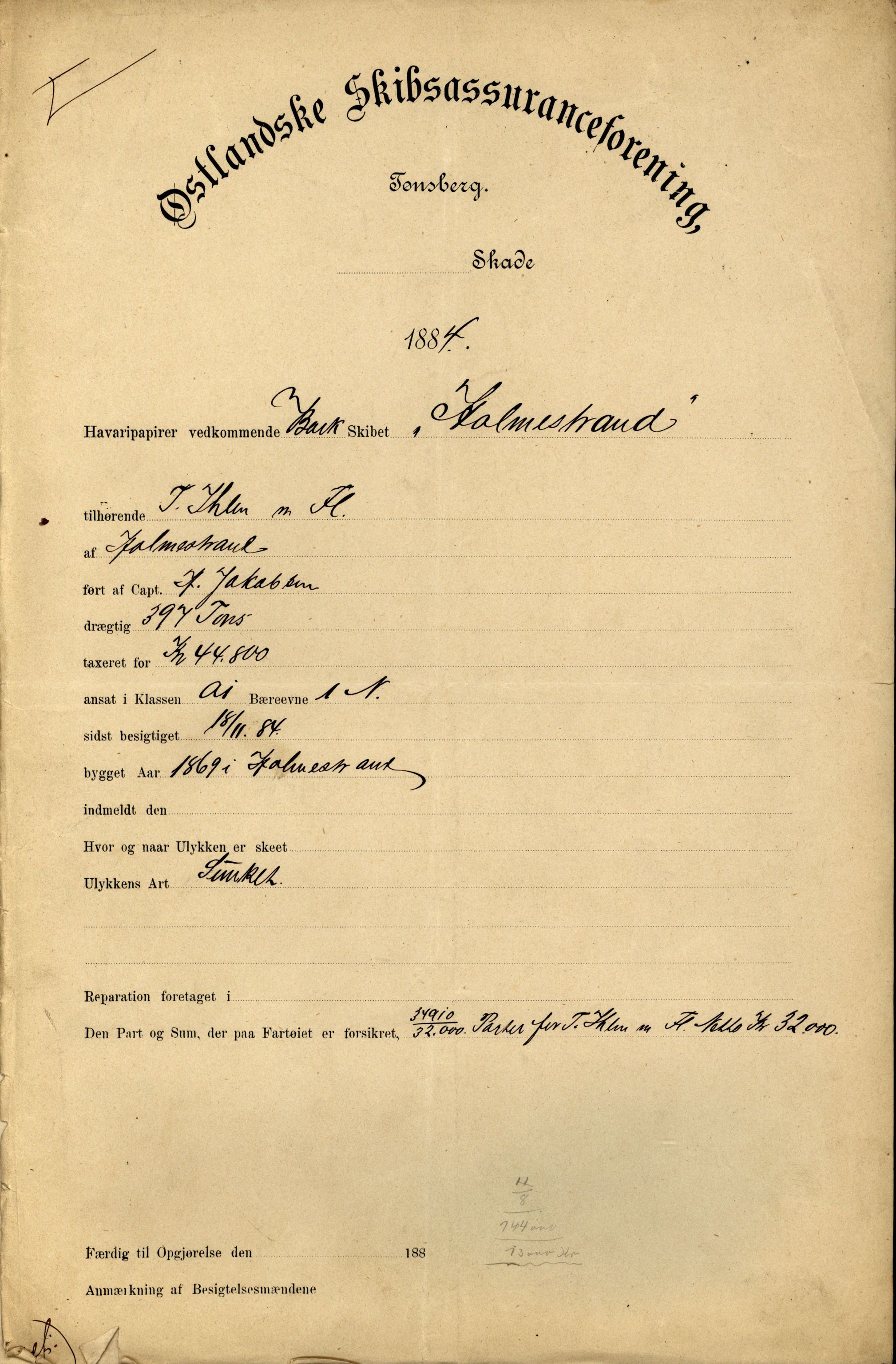 Pa 63 - Østlandske skibsassuranceforening, VEMU/A-1079/G/Ga/L0017/0013: Havaridokumenter / Diaz, Holmestrand, Kalliope, Olaf Trygvason, Norafjeld, 1884, p. 6