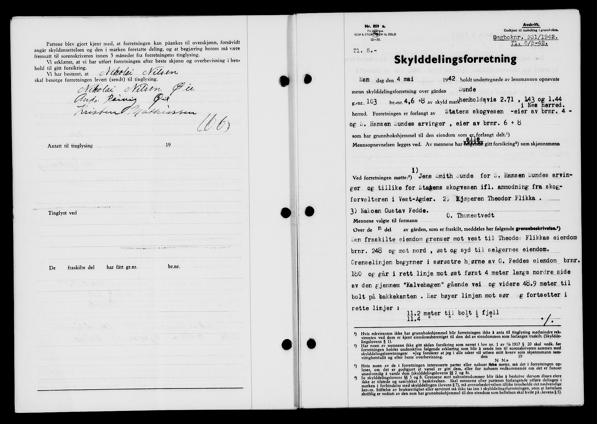 Flekkefjord sorenskriveri, AV/SAK-1221-0001/G/Gb/Gba/L0057: Mortgage book no. A-5, 1941-1942, Diary no: : 331/1942