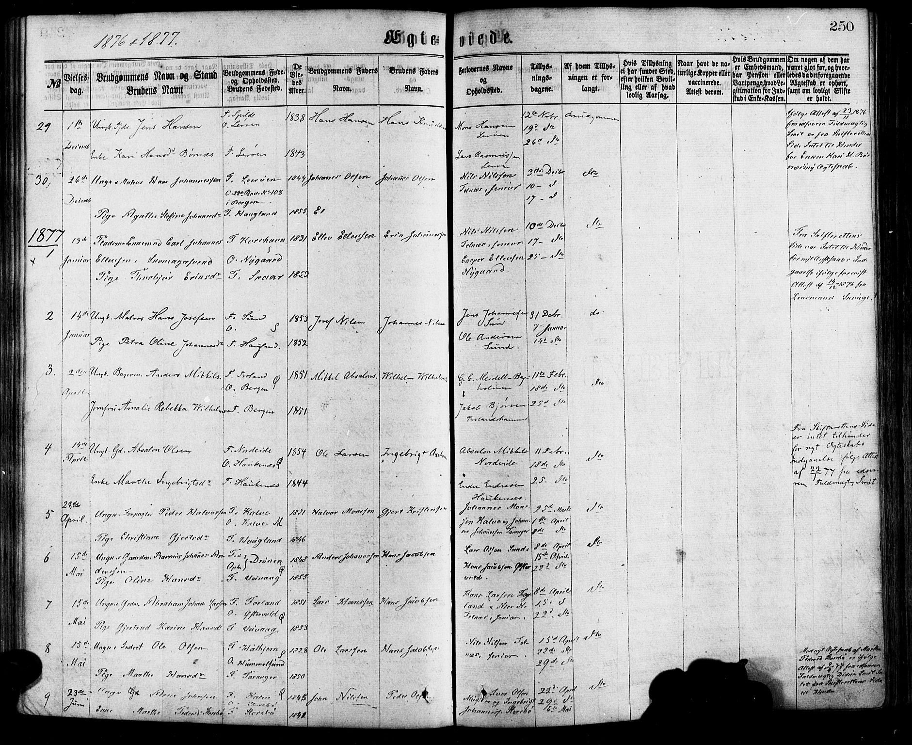 Sund sokneprestembete, AV/SAB-A-99930: Parish register (official) no. A 15, 1867-1881, p. 250