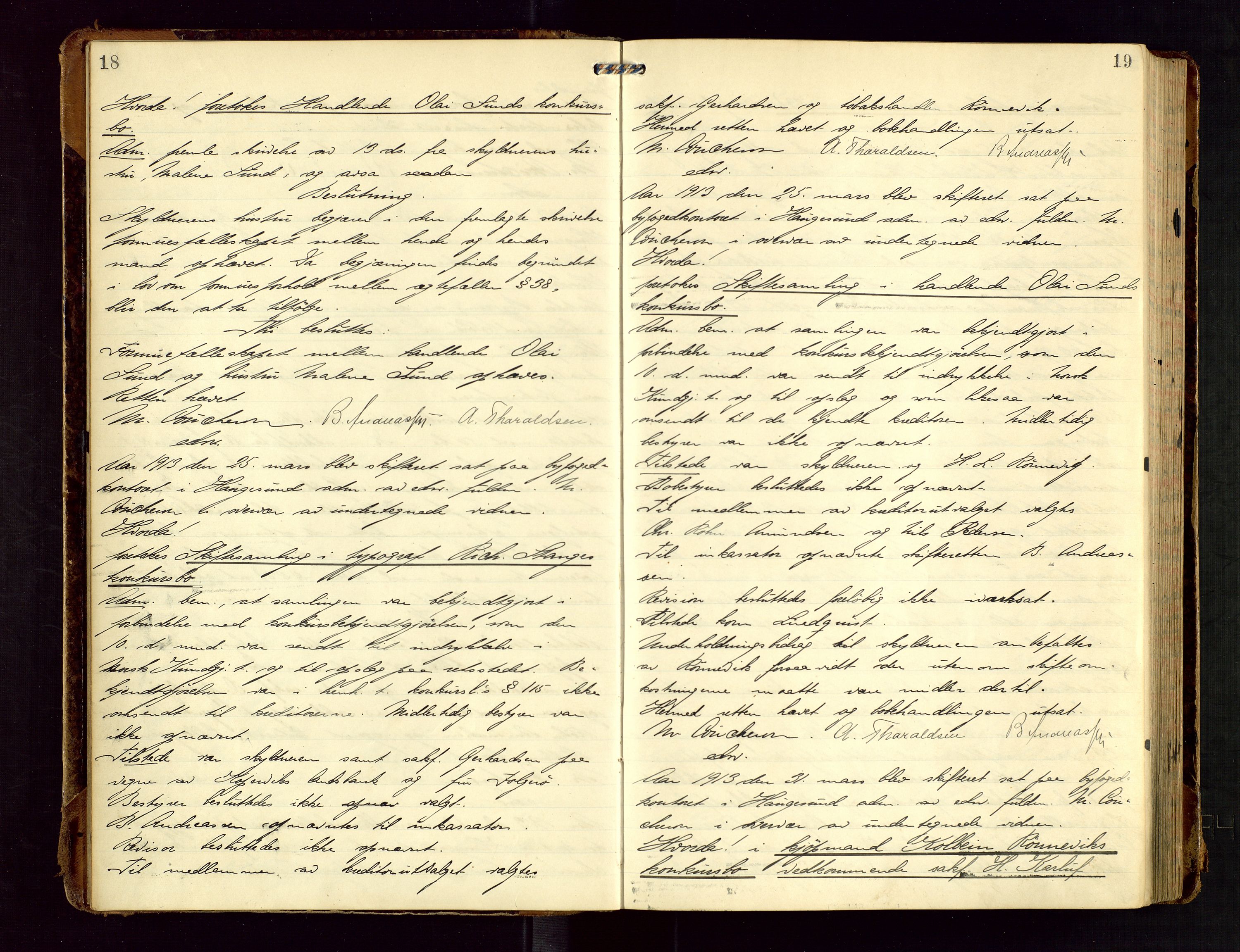 Haugesund tingrett, AV/SAST-A-101415/01/IV/IVC/L0002: Skifteforhandlingsprotokoll, med register, 1912-1921, p. 18-19