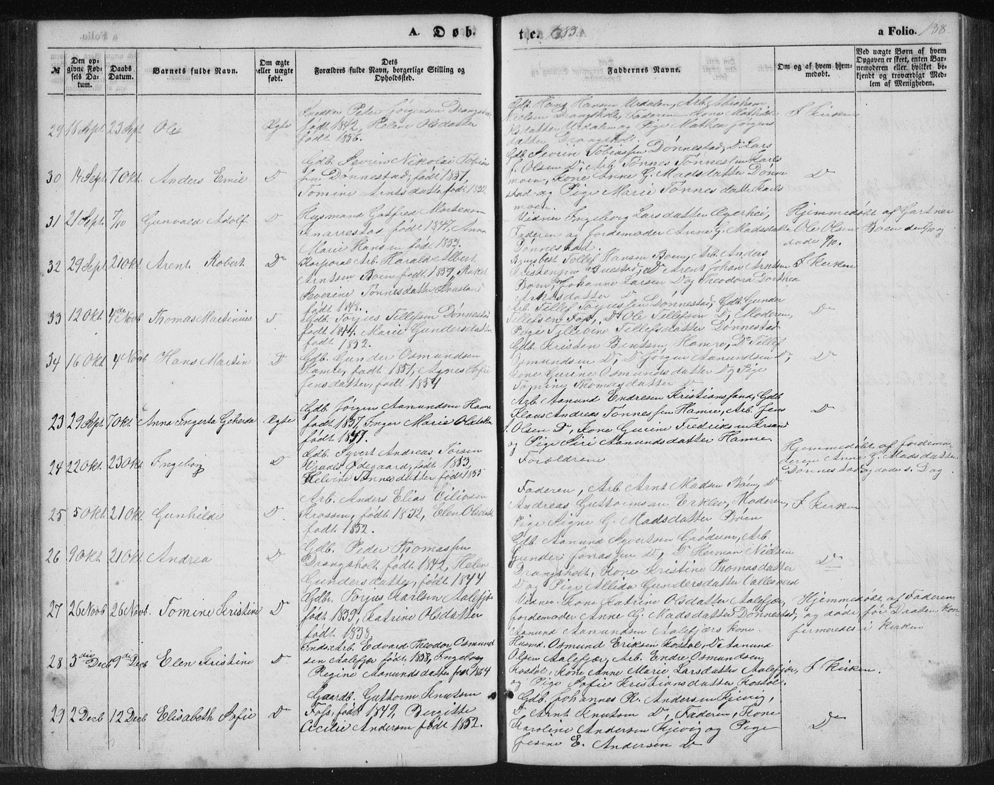 Tveit sokneprestkontor, AV/SAK-1111-0043/F/Fb/L0003: Parish register (copy) no. B 3, 1854-1886, p. 138