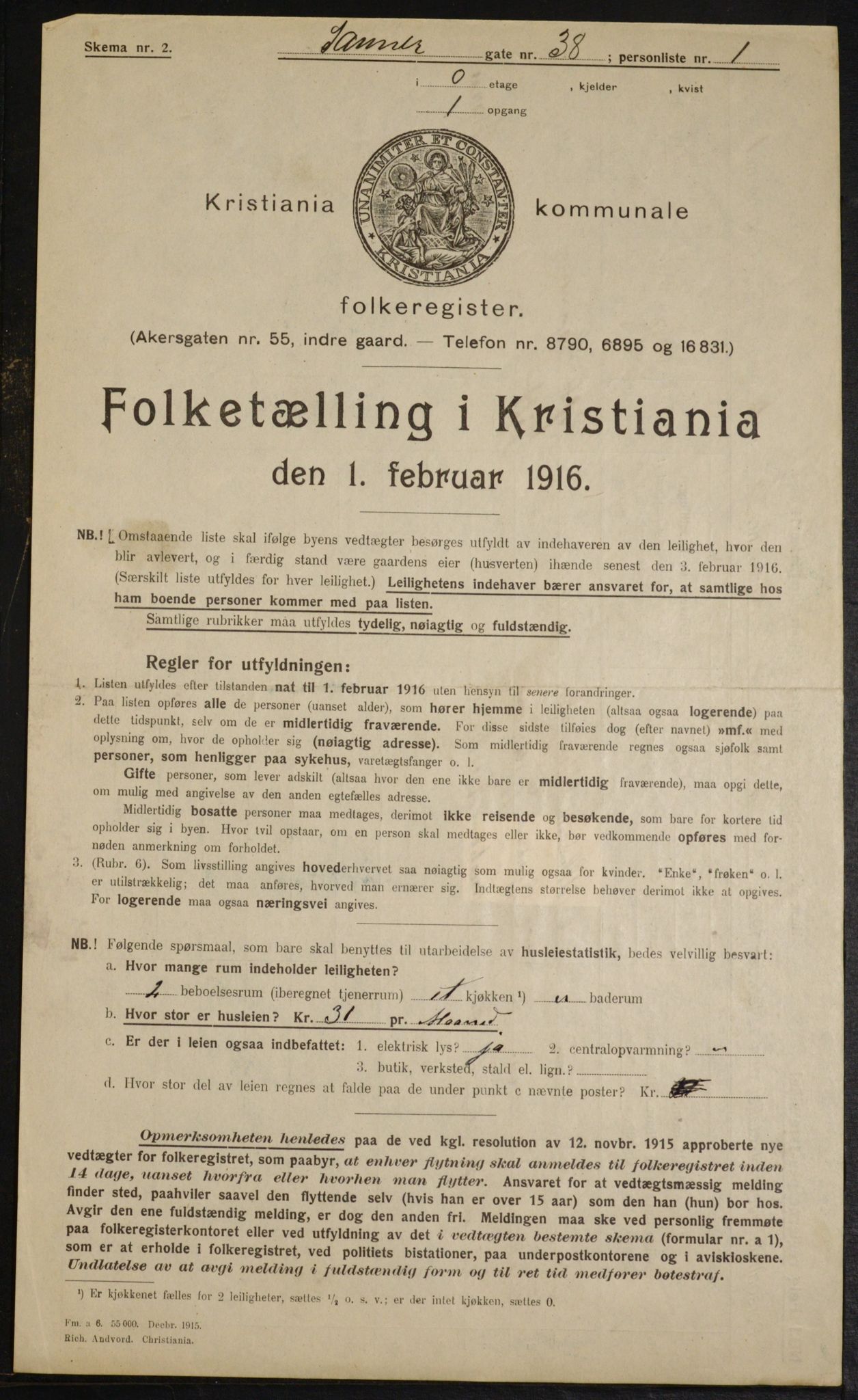 OBA, Municipal Census 1916 for Kristiania, 1916, p. 91293