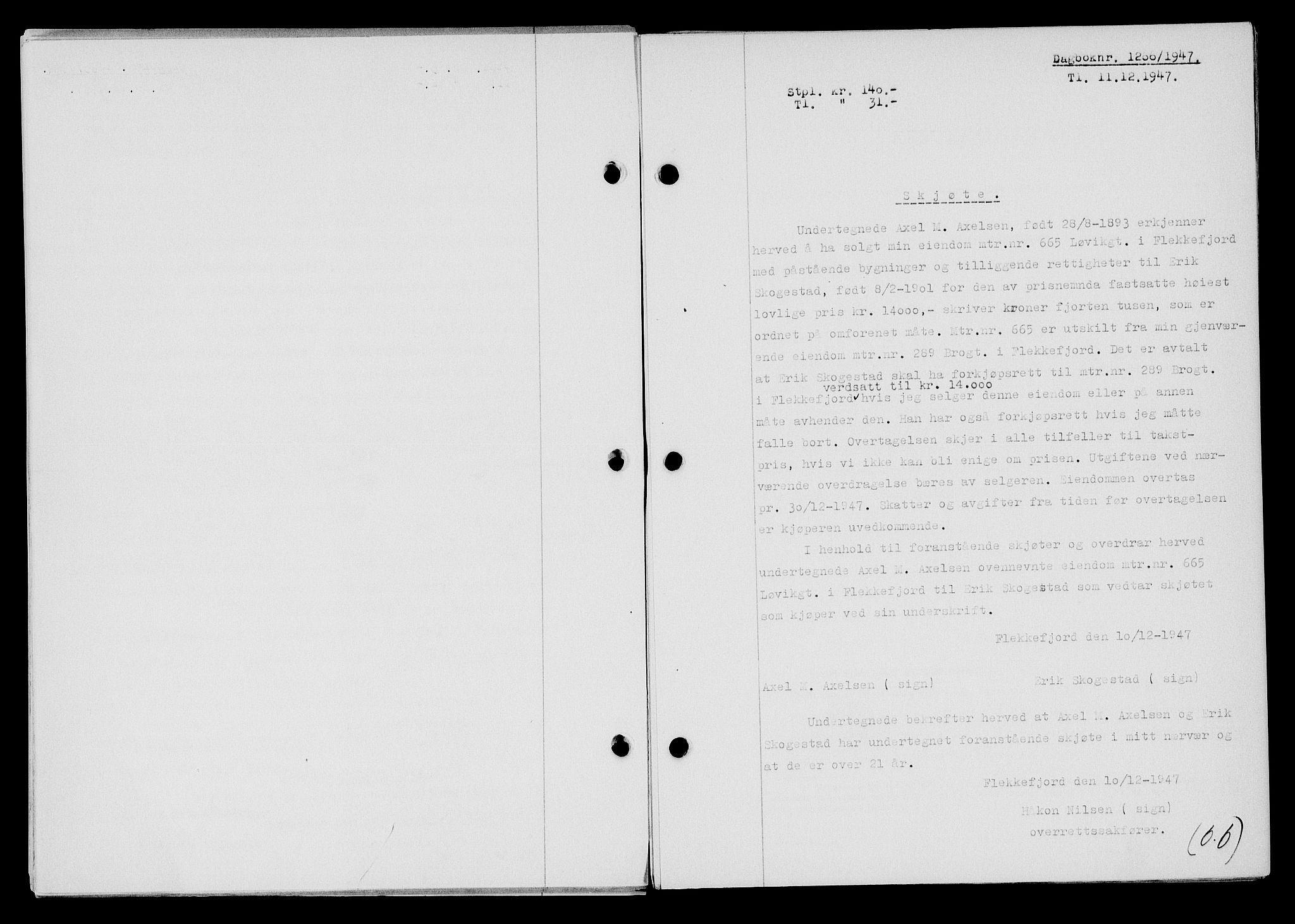 Flekkefjord sorenskriveri, SAK/1221-0001/G/Gb/Gba/L0063: Mortgage book no. A-11, 1947-1948, Diary no: : 1266/1947