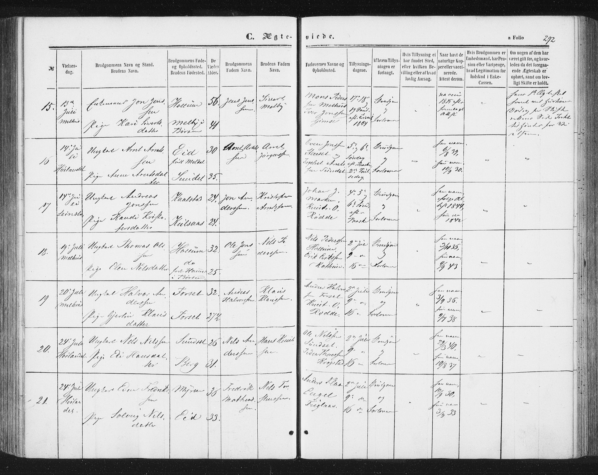 Ministerialprotokoller, klokkerbøker og fødselsregistre - Sør-Trøndelag, AV/SAT-A-1456/691/L1077: Parish register (official) no. 691A09, 1862-1873, p. 292