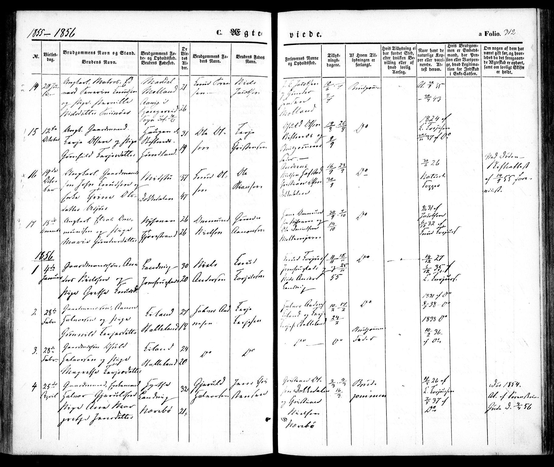 Hommedal sokneprestkontor, SAK/1111-0023/F/Fa/Fab/L0004: Parish register (official) no. A 4, 1848-1860, p. 312