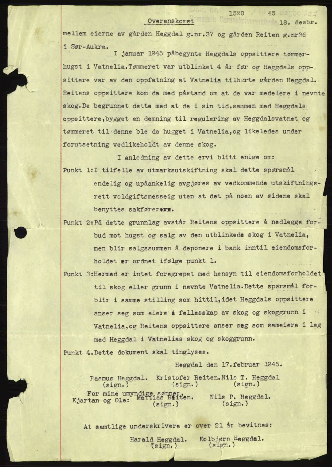 Romsdal sorenskriveri, AV/SAT-A-4149/1/2/2C: Mortgage book no. B2, 1939-1945, Diary no: : 1520/1945