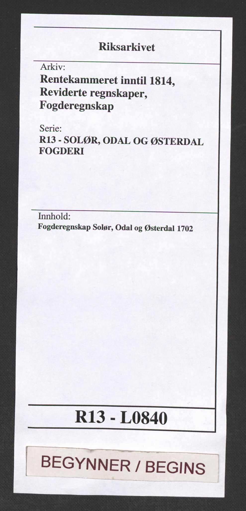 Rentekammeret inntil 1814, Reviderte regnskaper, Fogderegnskap, AV/RA-EA-4092/R13/L0840: Fogderegnskap Solør, Odal og Østerdal, 1702, p. 1