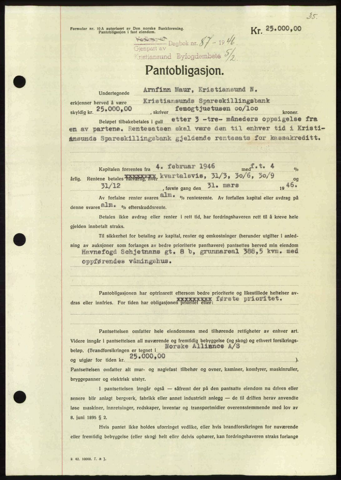 Kristiansund byfogd, AV/SAT-A-4587/A/27: Mortgage book no. 40, 1946-1946, Diary no: : 87/1946