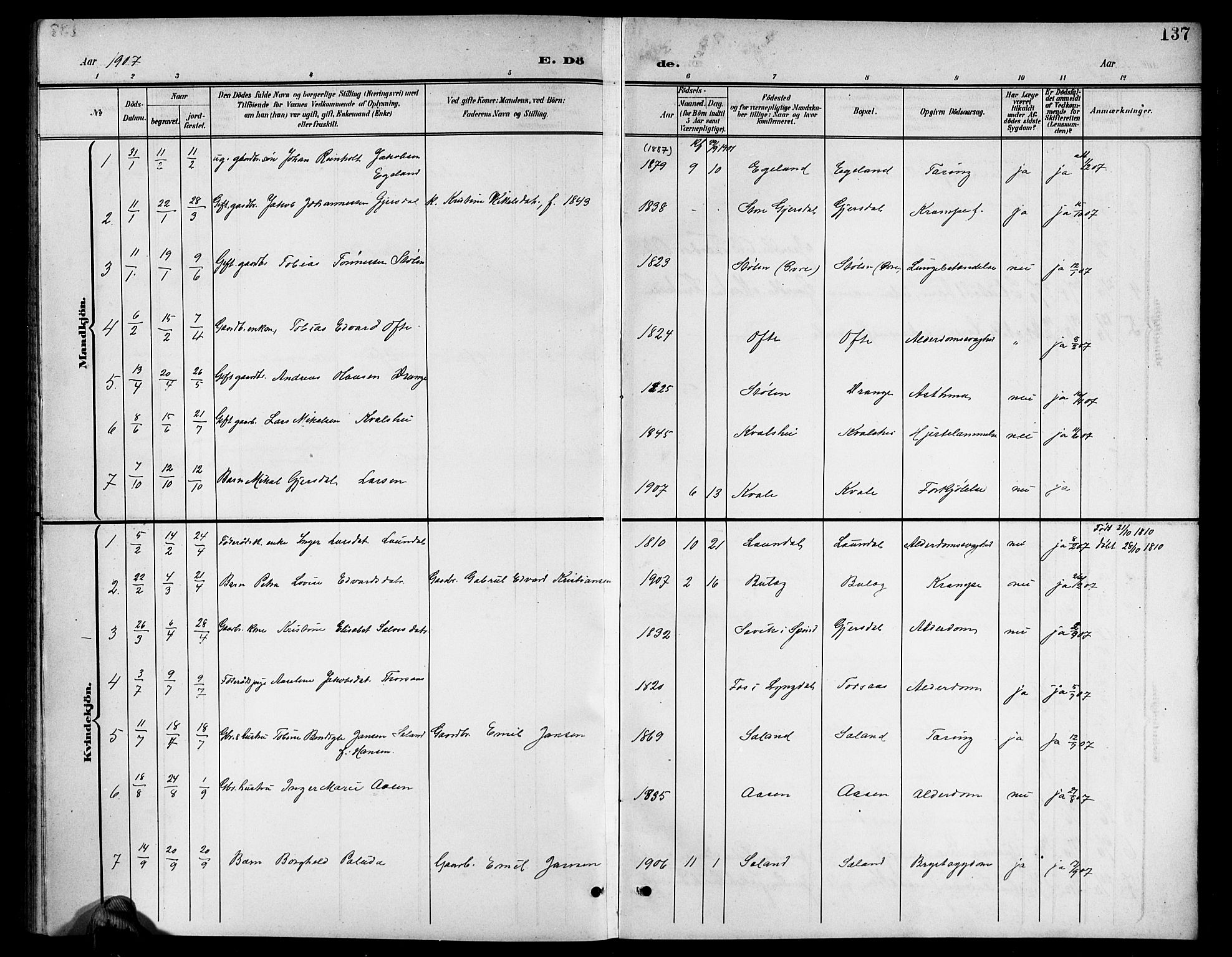 Herad sokneprestkontor, SAK/1111-0018/F/Fb/Fba/L0005: Parish register (copy) no. B 5, 1899-1921, p. 137