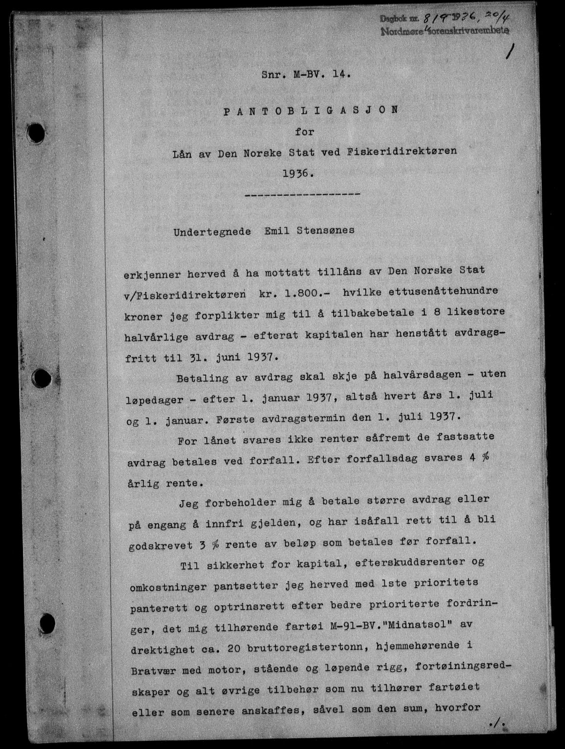 Nordmøre sorenskriveri, AV/SAT-A-4132/1/2/2Ca/L0088: Mortgage book no. 78, 1936-1936, Diary no: : 819/1936