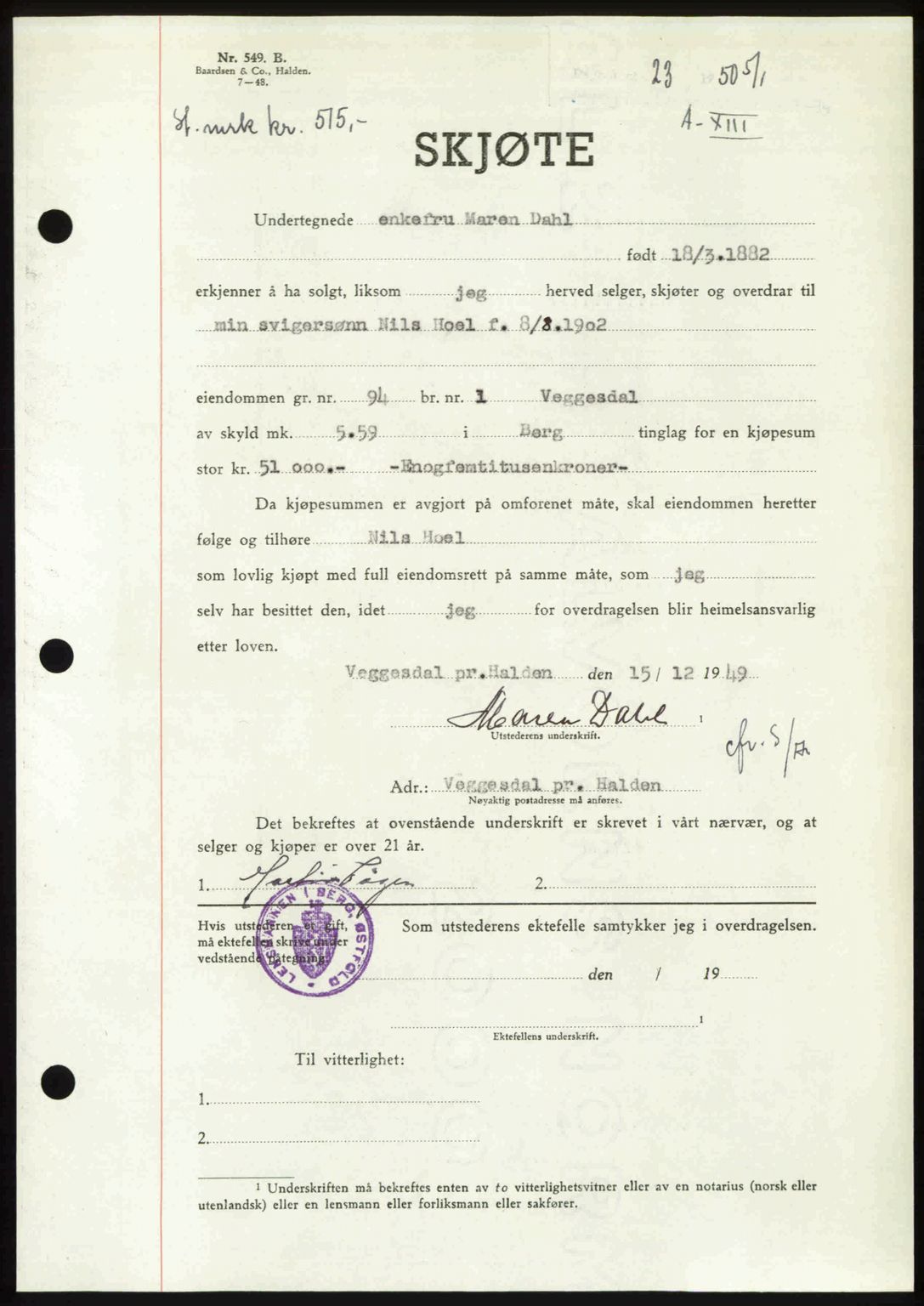 Idd og Marker sorenskriveri, AV/SAO-A-10283/G/Gb/Gbb/L0013: Mortgage book no. A13, 1949-1950, Diary no: : 23/1950