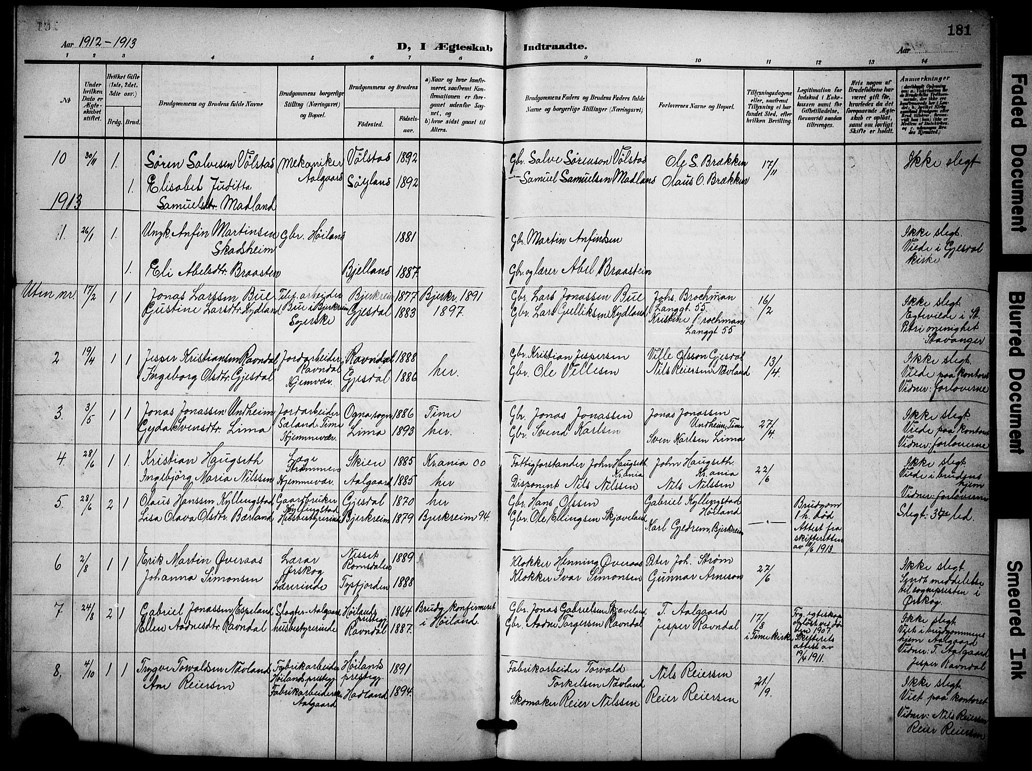 Lye sokneprestkontor, SAST/A-101794/001/30BB/L0009: Parish register (copy) no. B 9, 1902-1923, p. 181