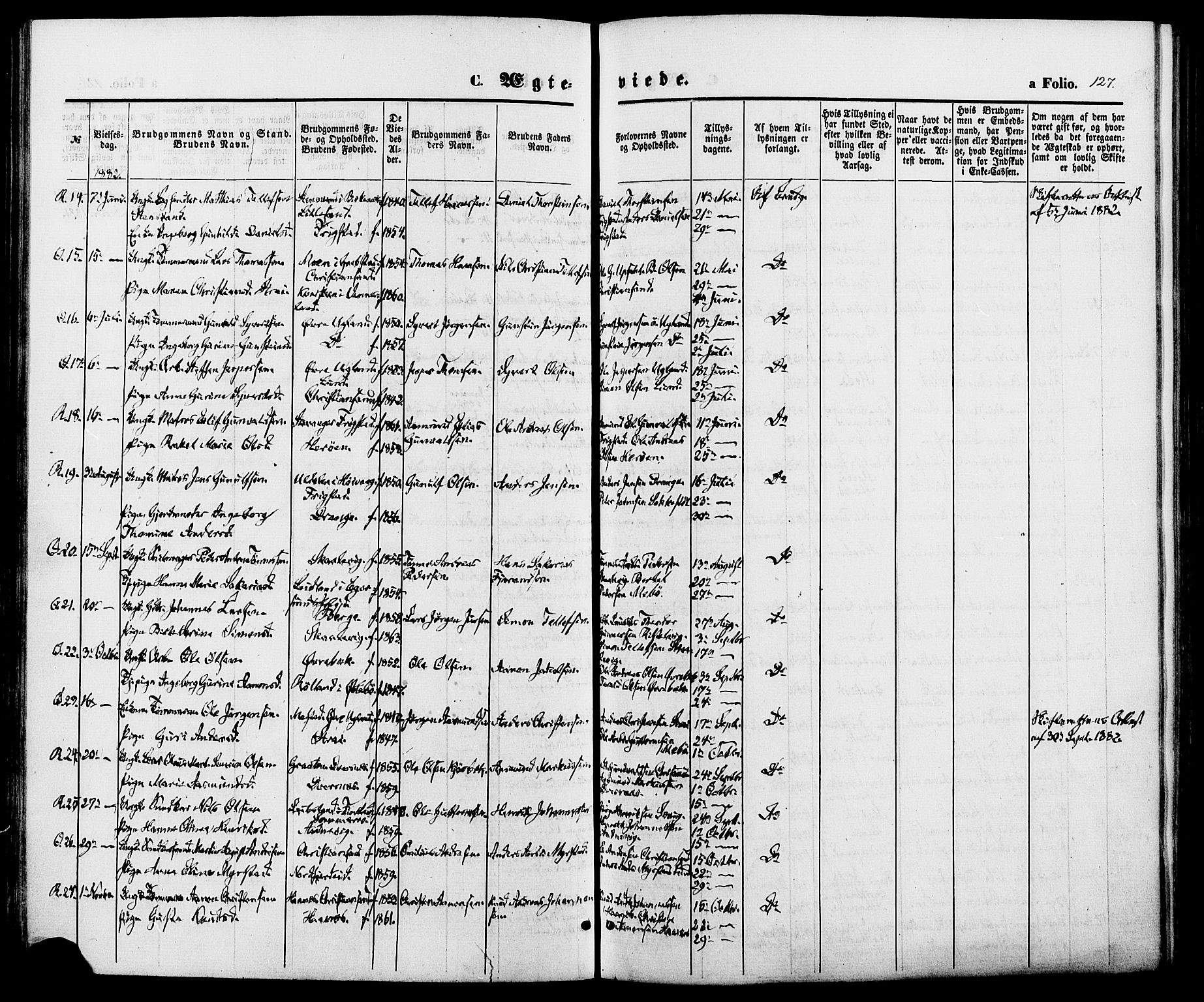 Oddernes sokneprestkontor, SAK/1111-0033/F/Fa/Fab/L0001: Parish register (official) no. A 1, 1865-1884, p. 127
