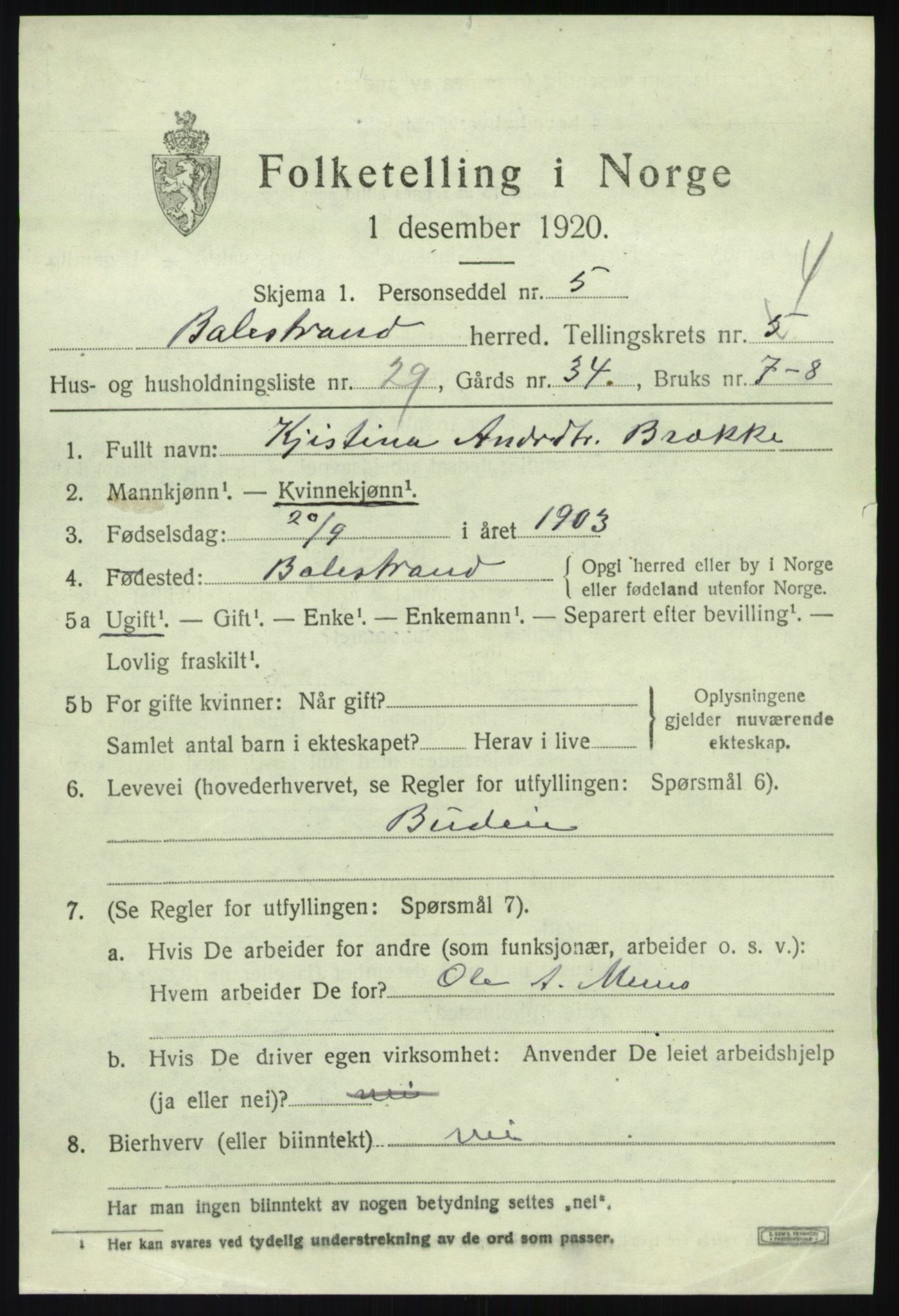 SAB, 1920 census for Balestrand, 1920, p. 2484