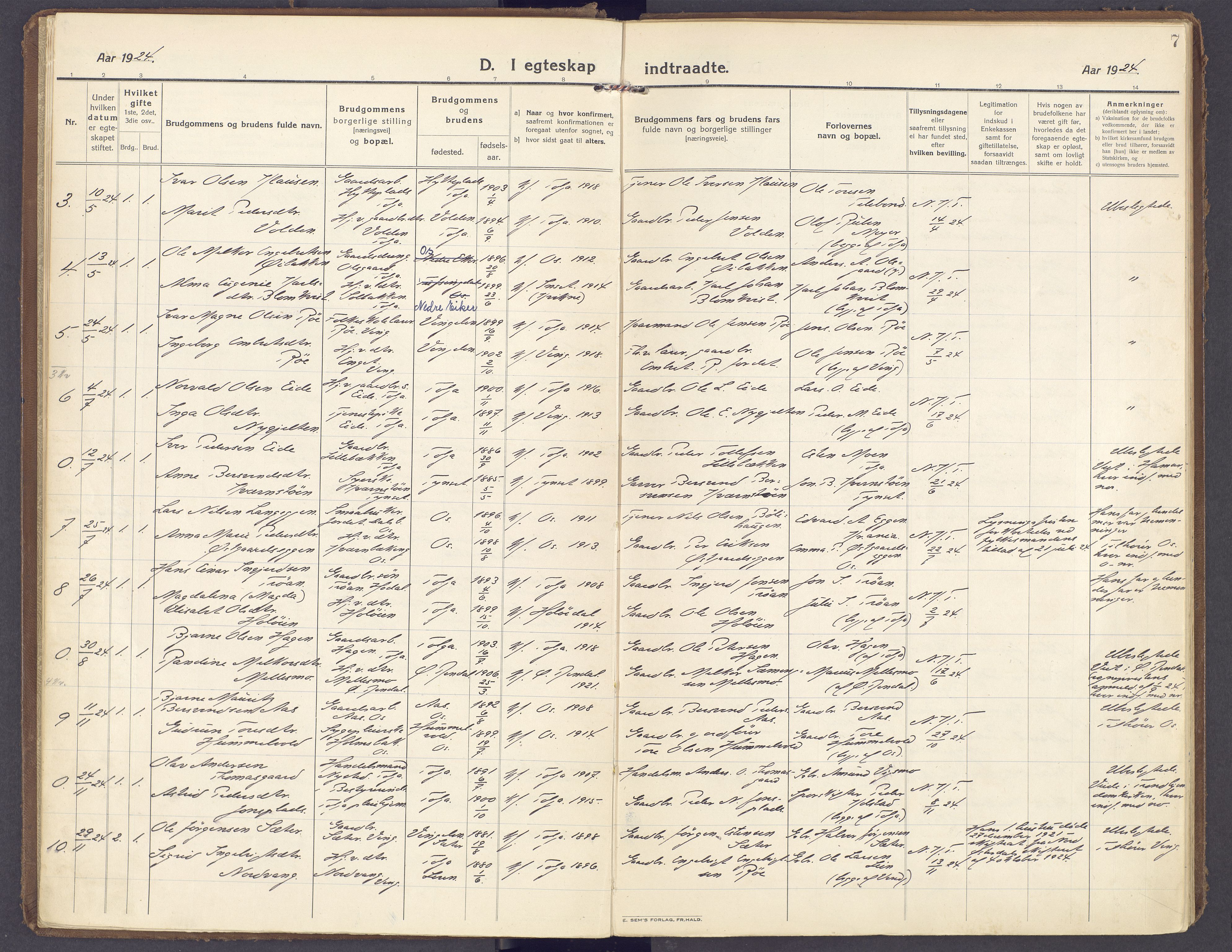 Tolga prestekontor, AV/SAH-PREST-062/K/L0019: Parish register (official) no. 19, 1921-1974, p. 7