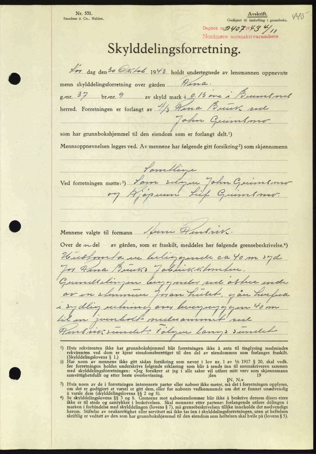 Nordmøre sorenskriveri, AV/SAT-A-4132/1/2/2Ca: Mortgage book no. A96, 1943-1944, Diary no: : 2407/1943