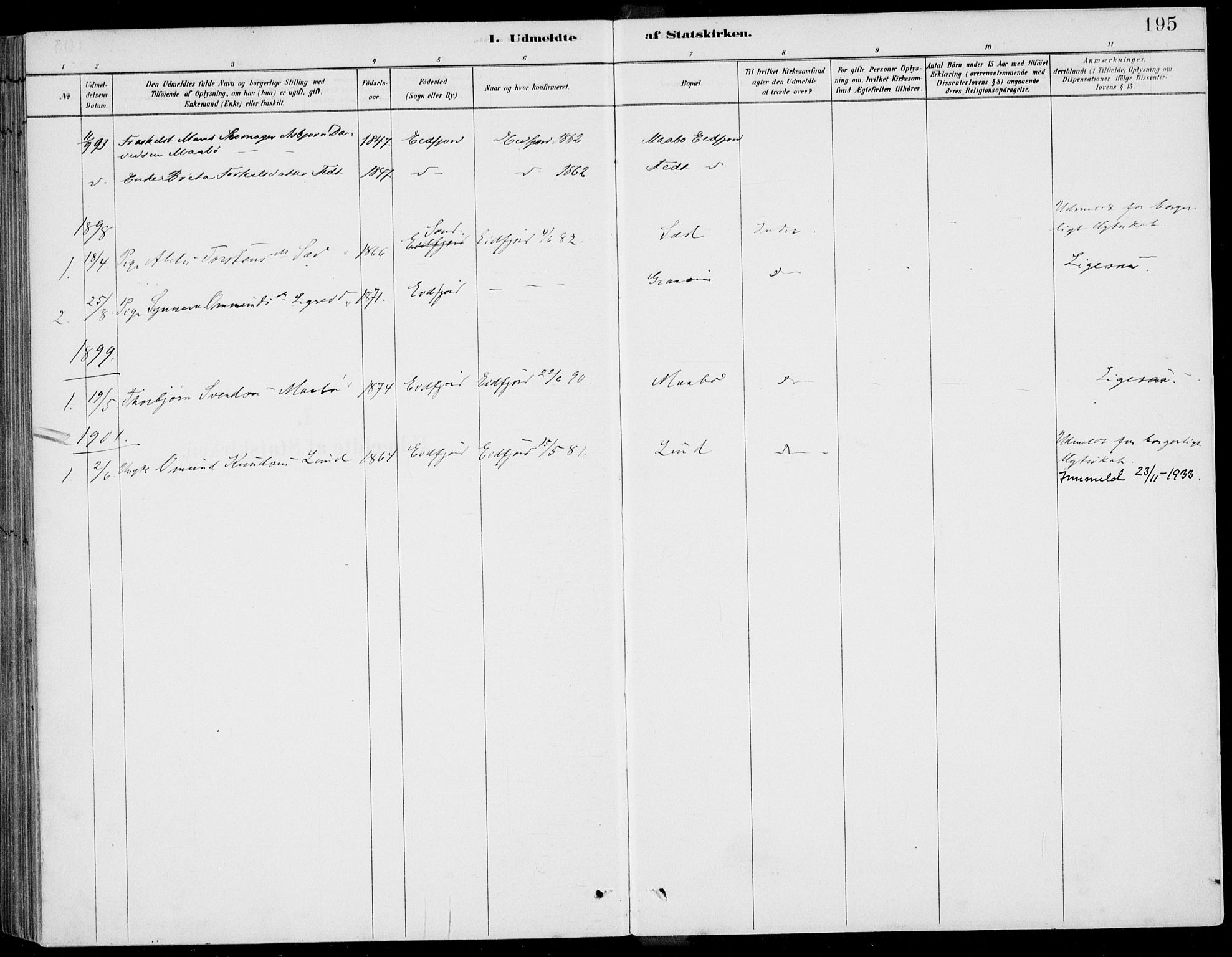 Ulvik sokneprestembete, SAB/A-78801/H/Haa: Parish register (official) no. D  1, 1878-1903, p. 195