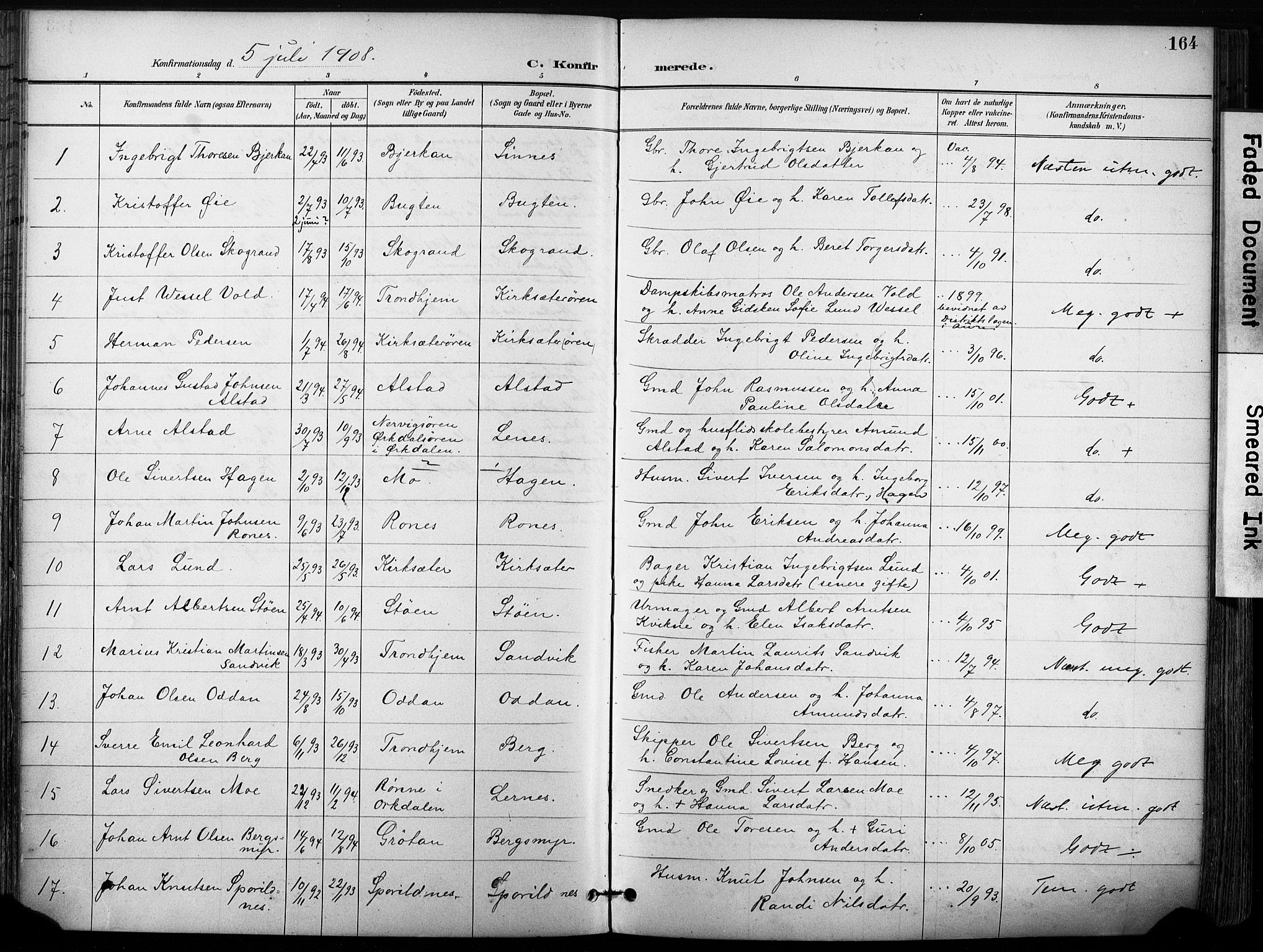 Ministerialprotokoller, klokkerbøker og fødselsregistre - Sør-Trøndelag, SAT/A-1456/630/L0497: Parish register (official) no. 630A10, 1896-1910, p. 164
