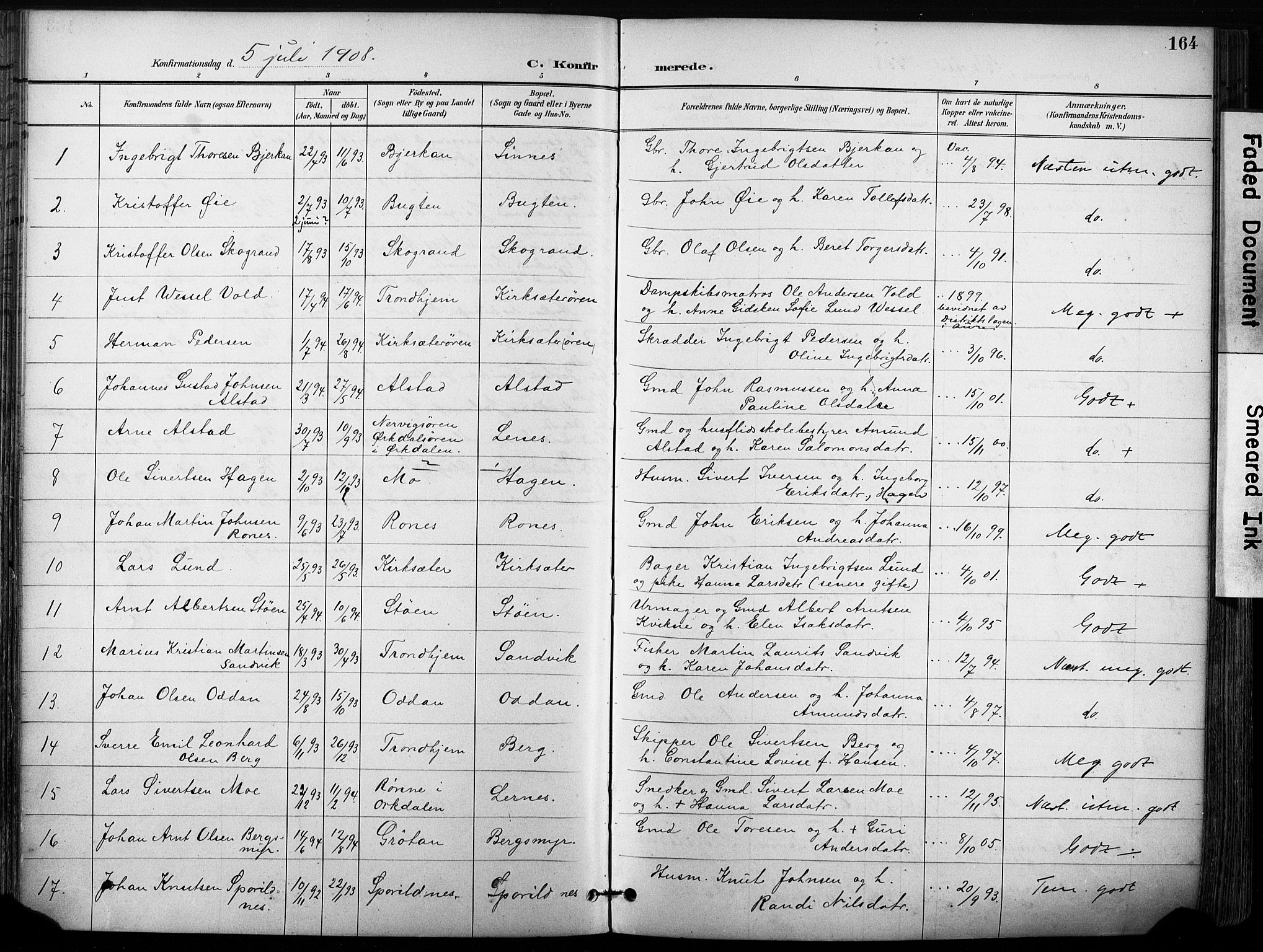 Ministerialprotokoller, klokkerbøker og fødselsregistre - Sør-Trøndelag, AV/SAT-A-1456/630/L0497: Parish register (official) no. 630A10, 1896-1910, p. 164