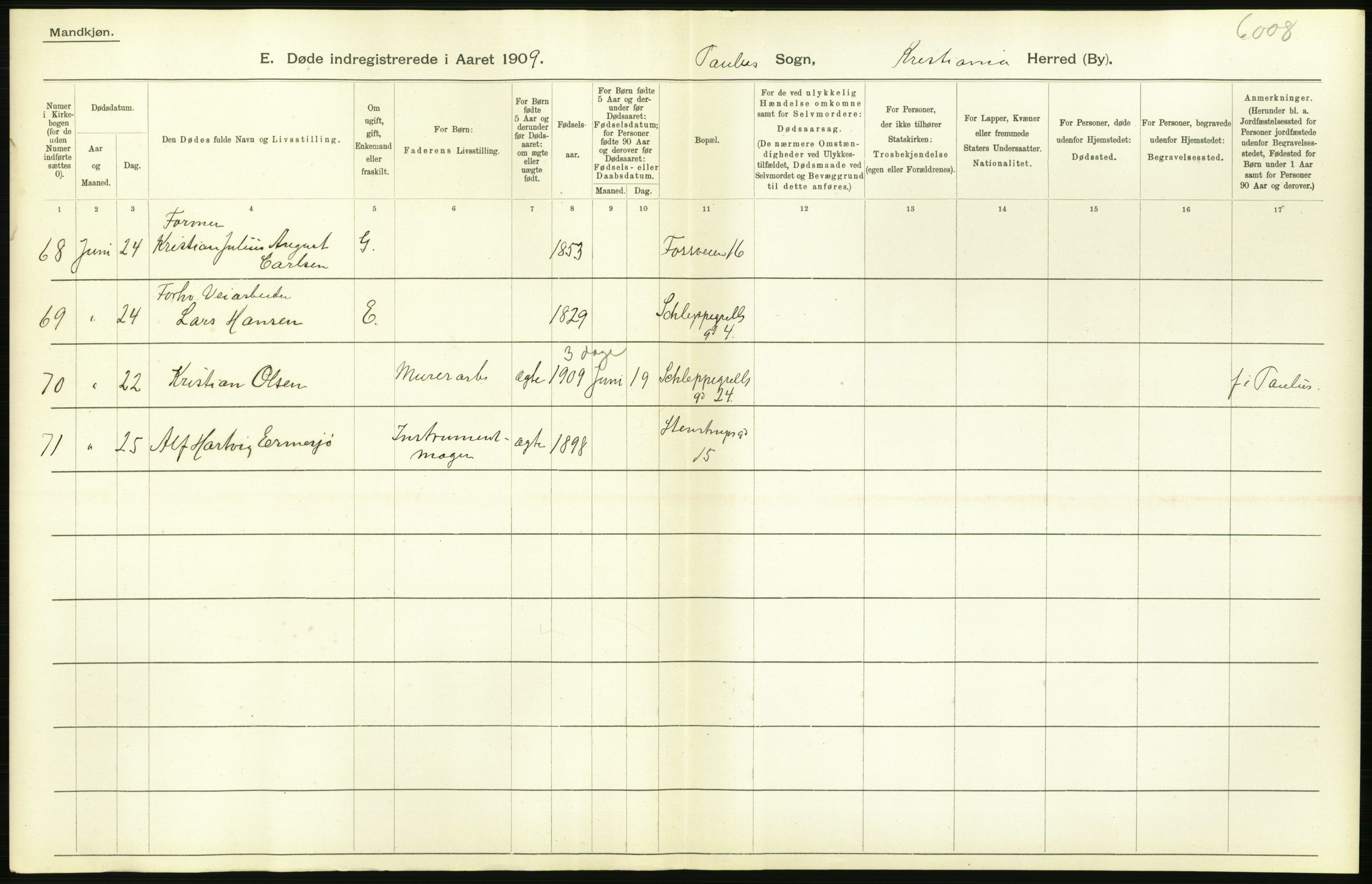 Statistisk sentralbyrå, Sosiodemografiske emner, Befolkning, AV/RA-S-2228/D/Df/Dfa/Dfag/L0010: Kristiania: Døde, dødfødte., 1909, p. 244