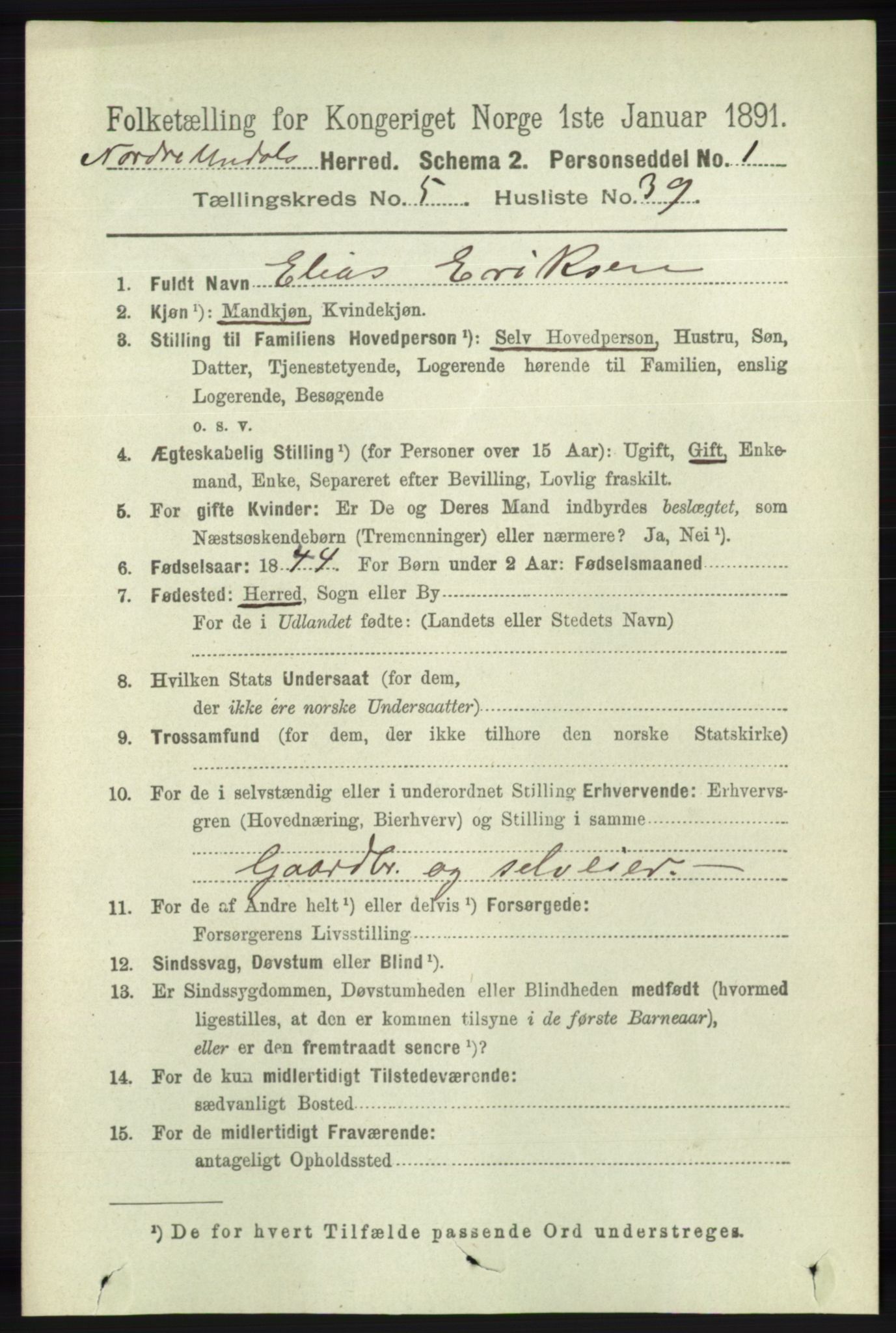 RA, 1891 census for 1028 Nord-Audnedal, 1891, p. 1388