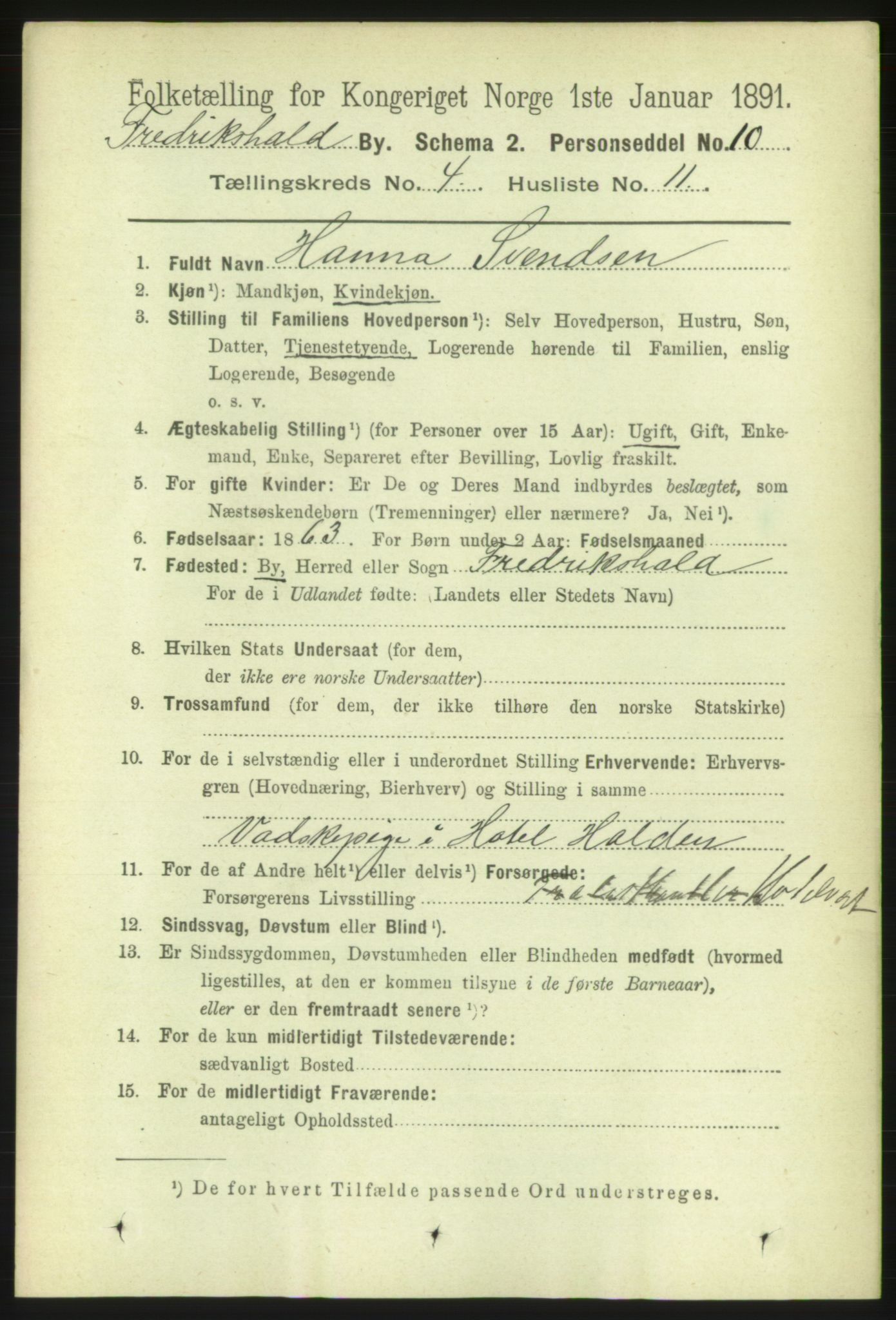 RA, 1891 census for 0101 Fredrikshald, 1891, p. 3837