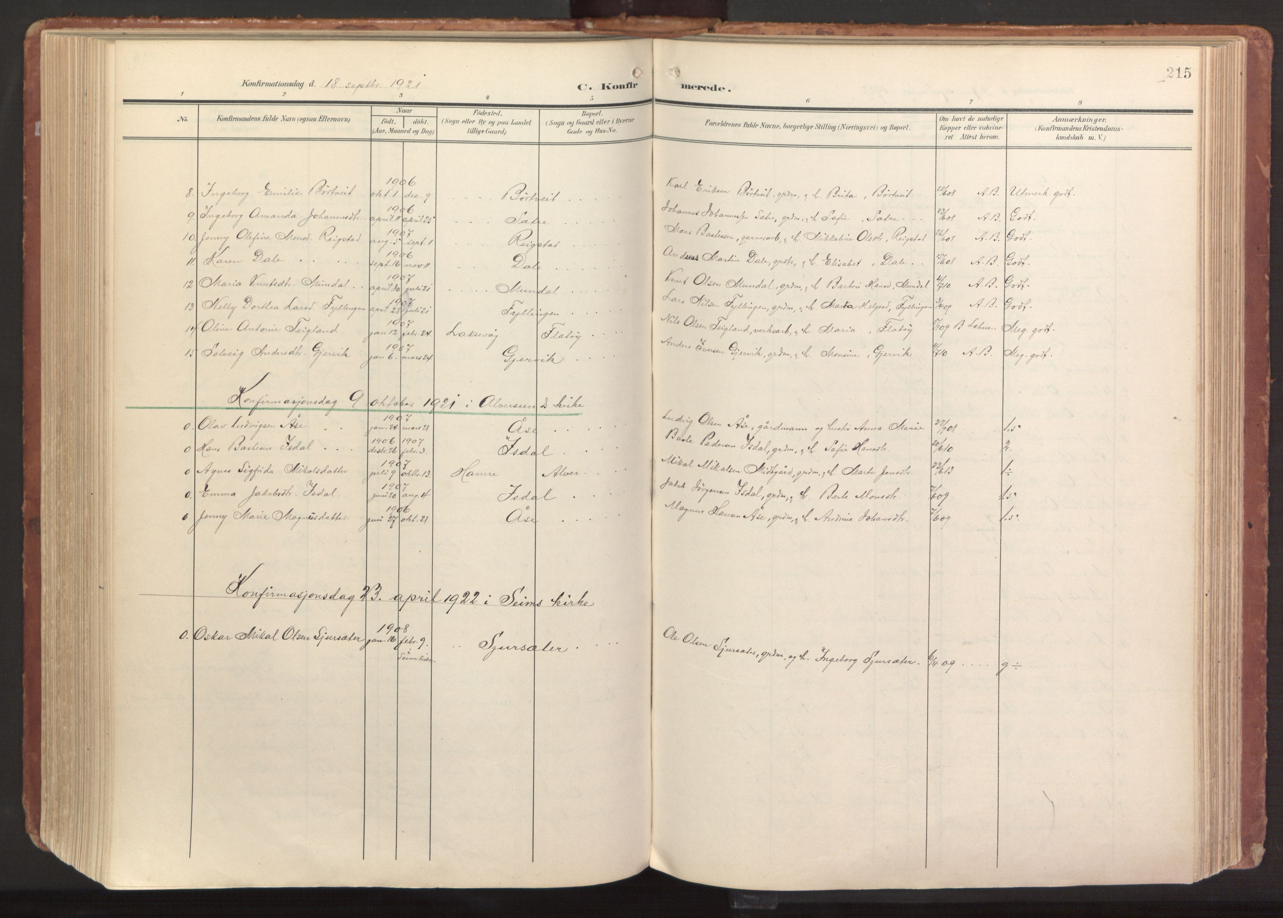 Hamre sokneprestembete, AV/SAB-A-75501/H/Ha/Haa/Haab/L0002: Parish register (official) no. B 2, 1905-1924, p. 215