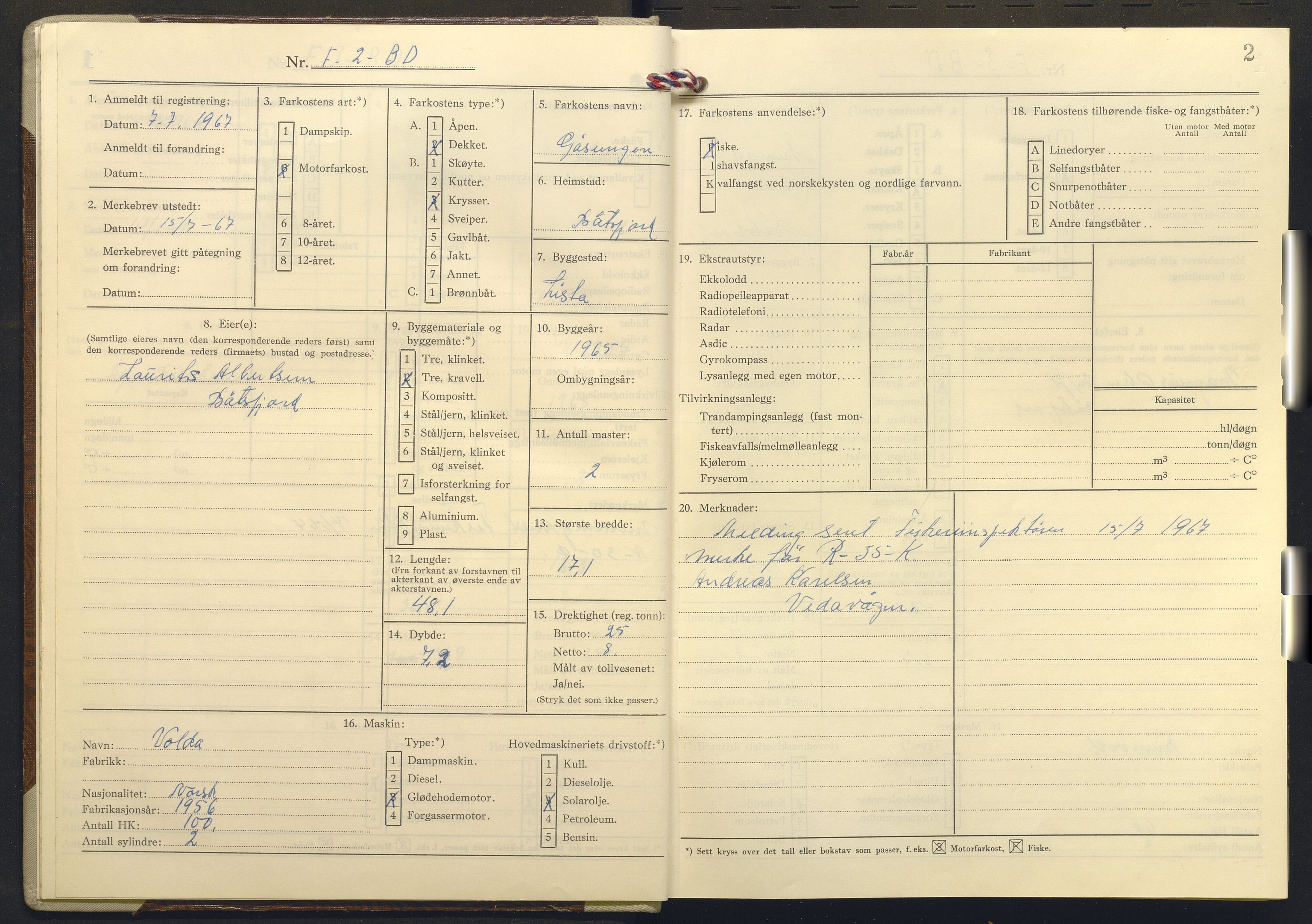 Fiskeridirektoratet - 1 Adm. ledelse - 13 Båtkontoret, AV/SAB-A-2003/I/Ia/Ia.a/L0010: 135.0103/3 Merkeprotokoll - Båtsfjord, 1966-1976