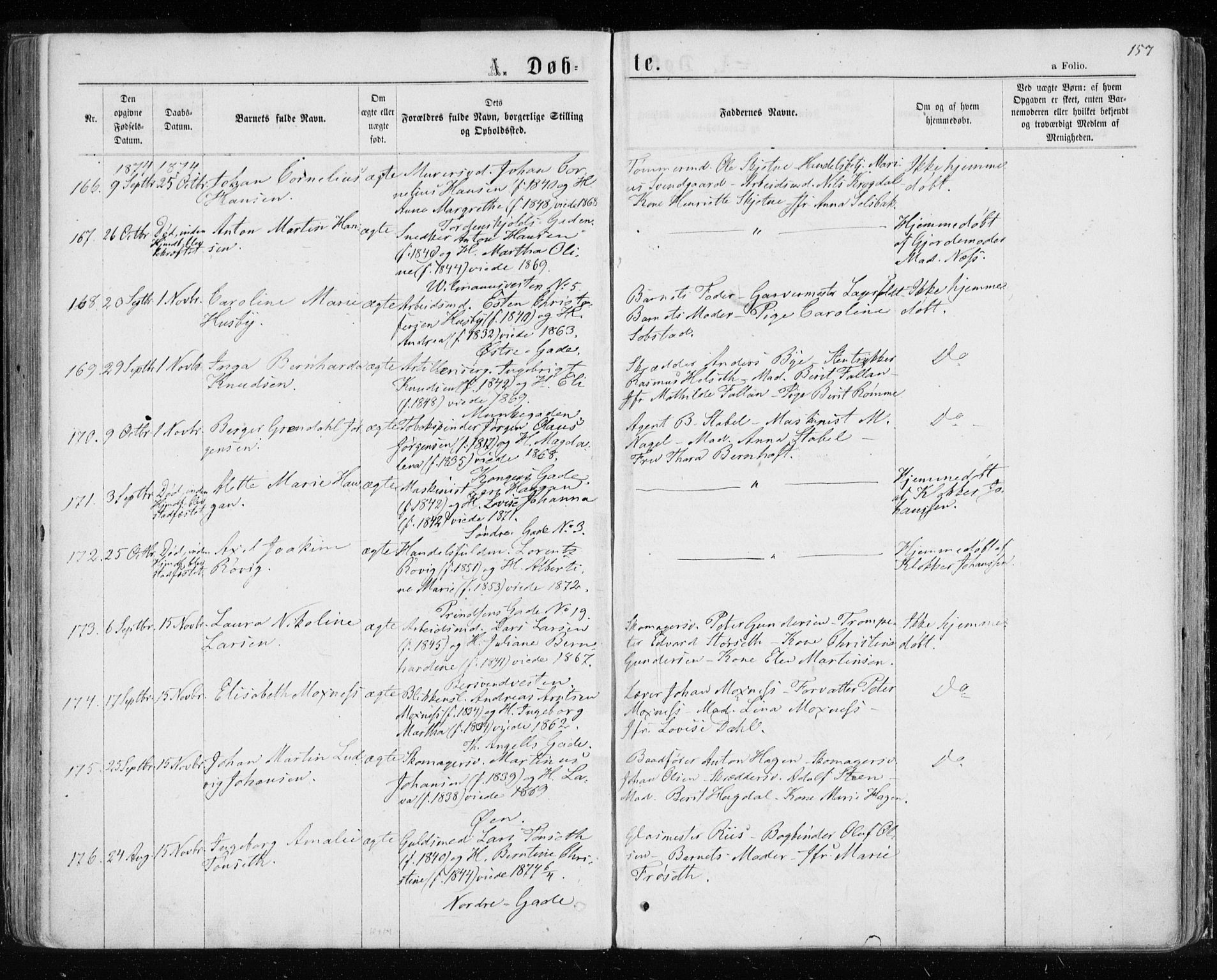 Ministerialprotokoller, klokkerbøker og fødselsregistre - Sør-Trøndelag, AV/SAT-A-1456/601/L0054: Parish register (official) no. 601A22, 1866-1877, p. 157