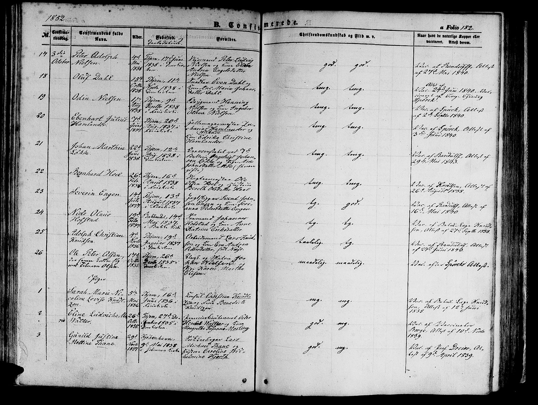 Ministerialprotokoller, klokkerbøker og fødselsregistre - Sør-Trøndelag, SAT/A-1456/602/L0137: Parish register (copy) no. 602C05, 1846-1856, p. 182