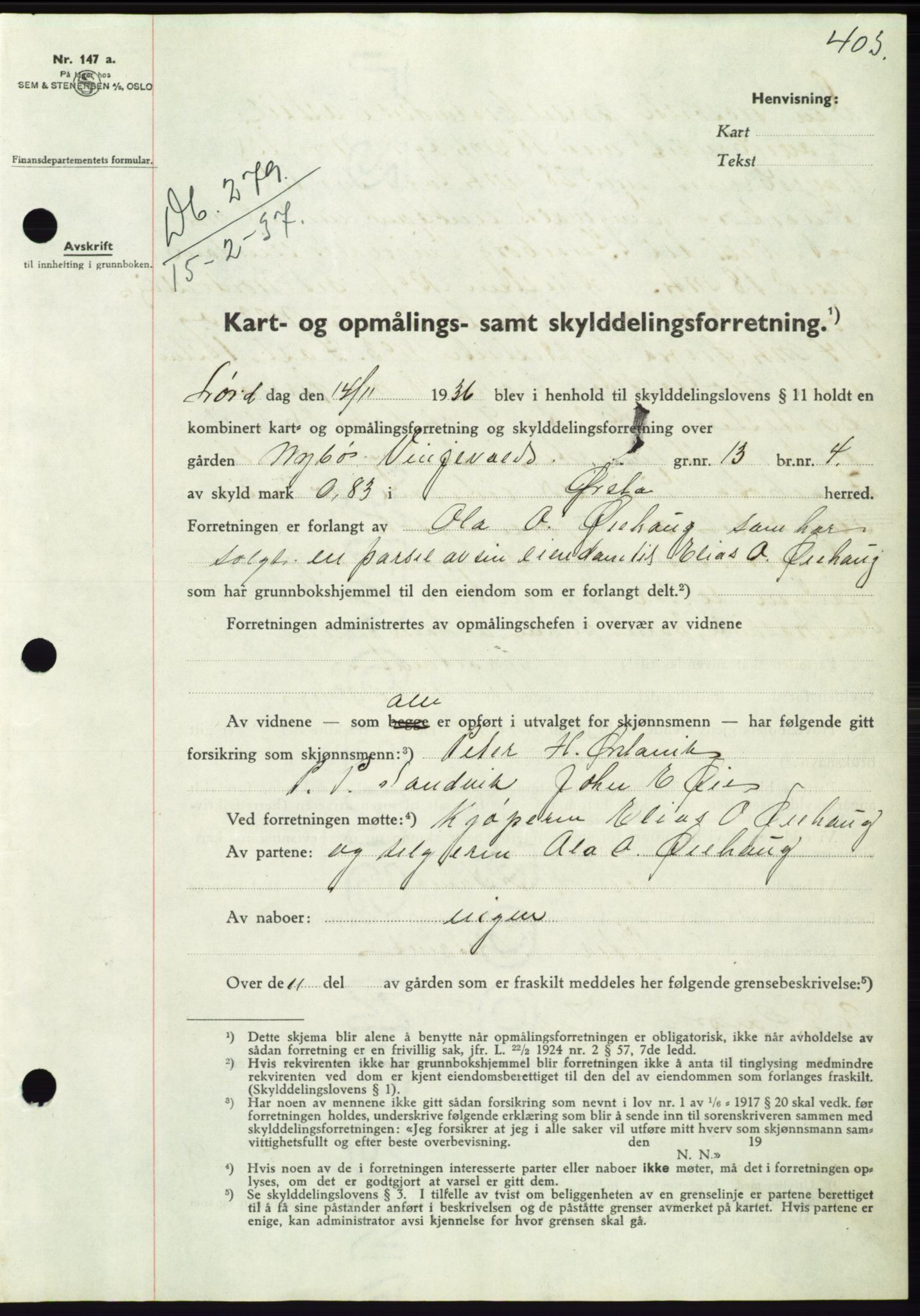 Søre Sunnmøre sorenskriveri, SAT/A-4122/1/2/2C/L0062: Mortgage book no. 56, 1936-1937, Diary no: : 279/1937