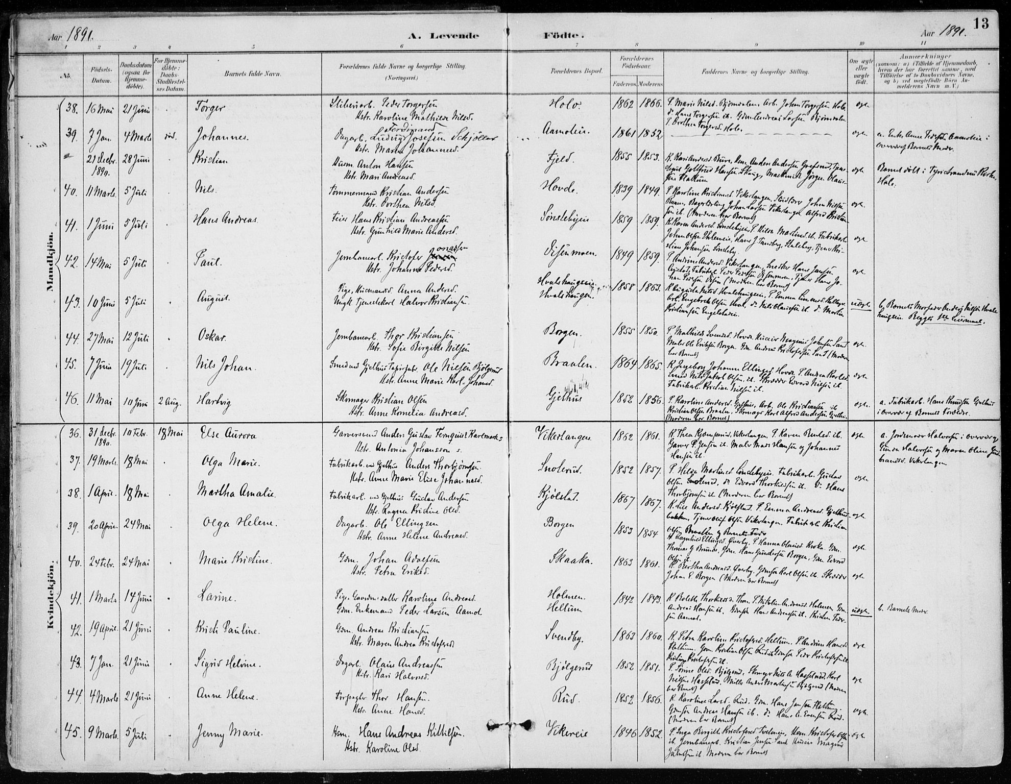 Modum kirkebøker, AV/SAKO-A-234/F/Fa/L0012: Parish register (official) no. 12, 1890-1898, p. 13