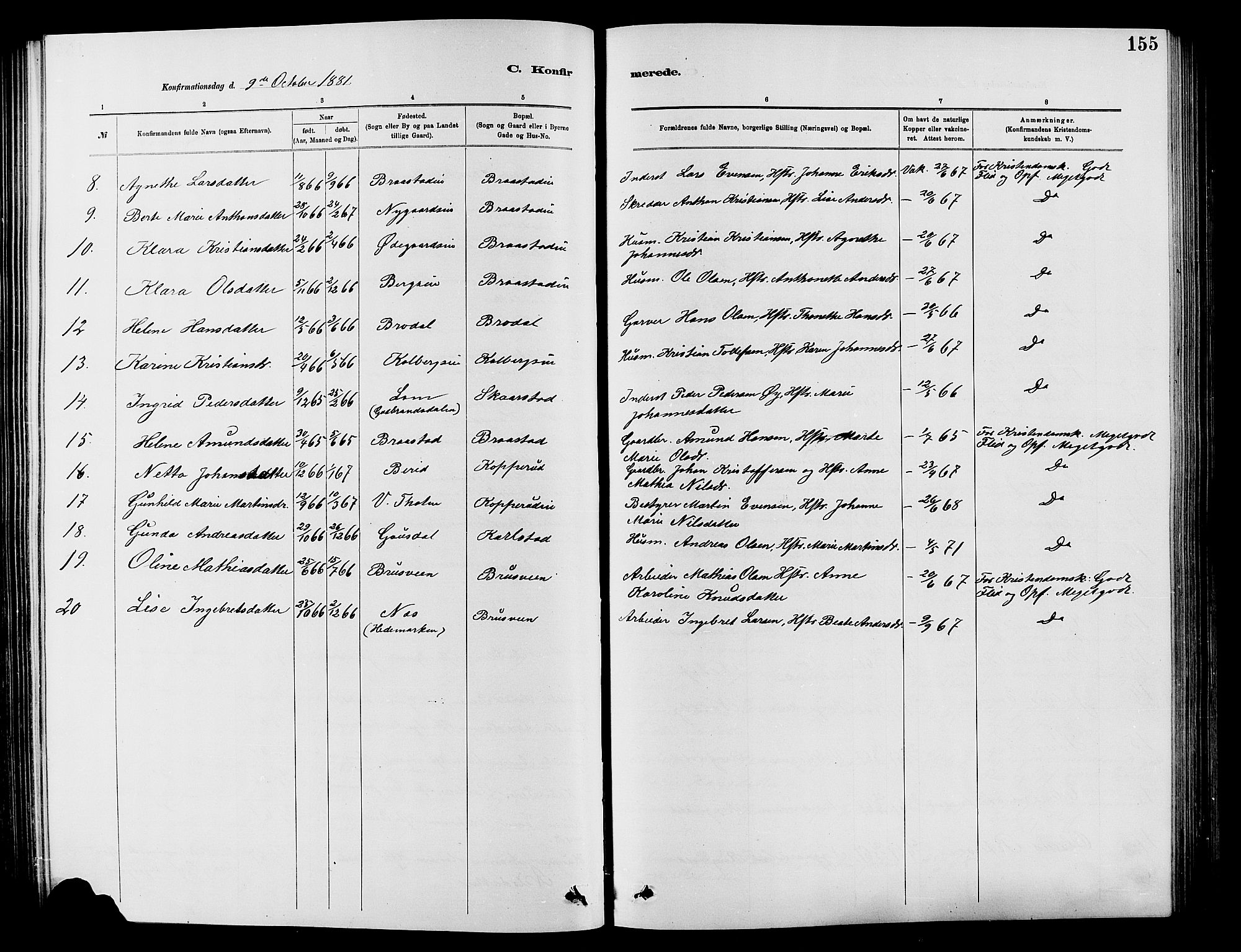 Vardal prestekontor, SAH/PREST-100/H/Ha/Hab/L0007: Parish register (copy) no. 7 /1, 1881-1895, p. 155